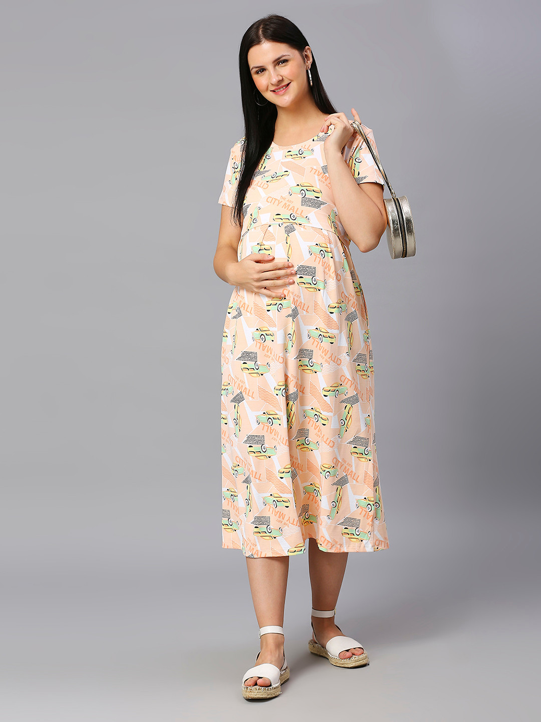 Self Design Gathered Tiered Maternity Cotton Fit & Flare Midi Dress