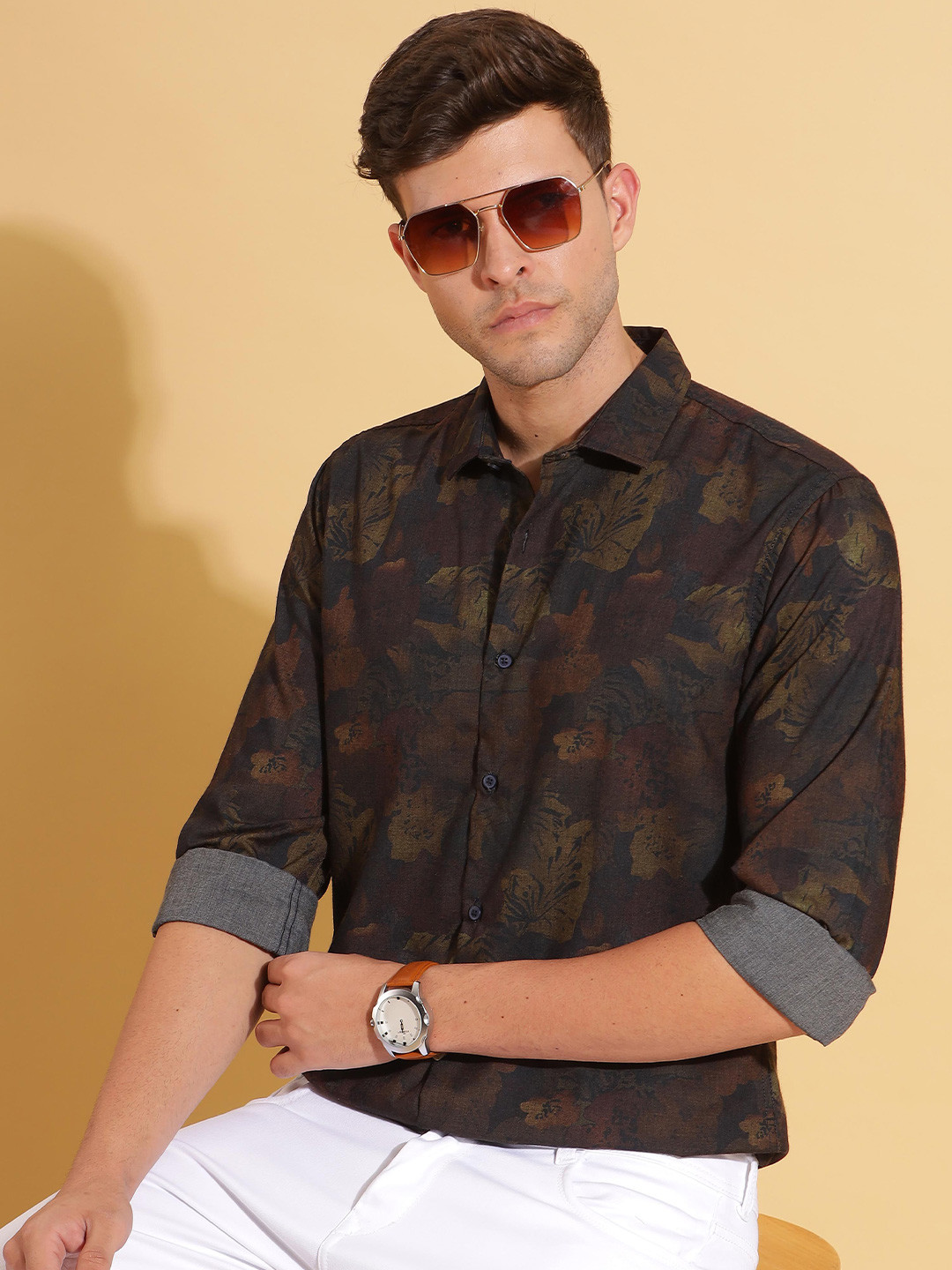 Men's Black Comfort Slim Fit Spread Collar Pocket Cotton Casual Shirt