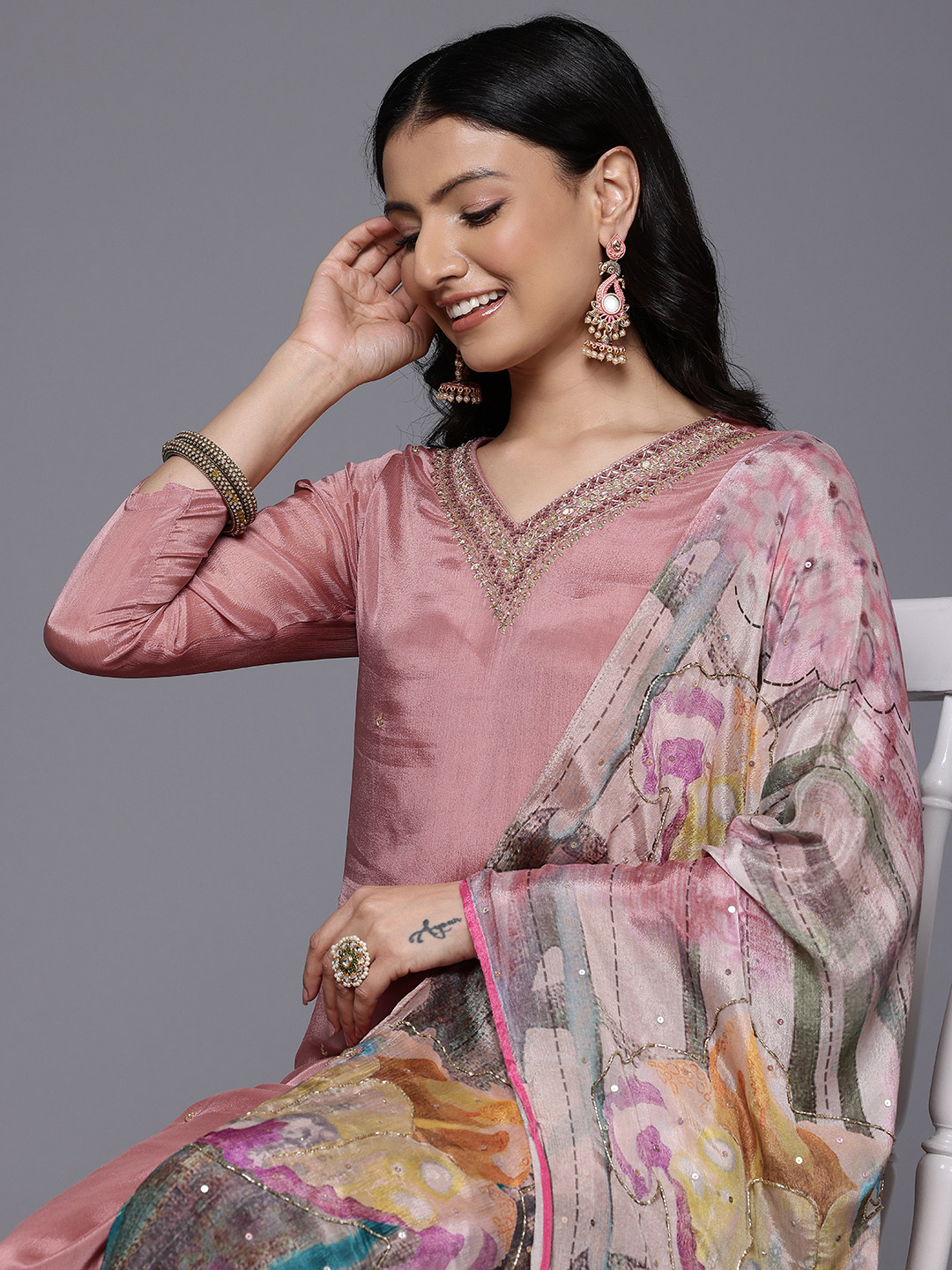 Women Grey Ombre Regular Beads and Stones Kurta with Trousers & With Dupatta Set
