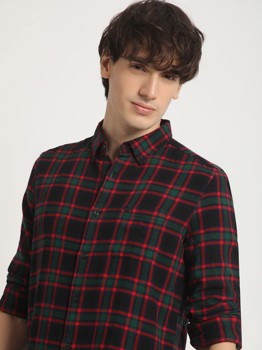 Men's Blue Slim Fit Tartan Checks Button-Down Collar Cotton Casual Shirt