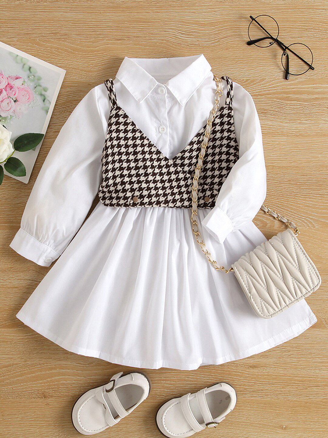 Girls Round Neck Puff Sleeves Fit Flare Midi Dress