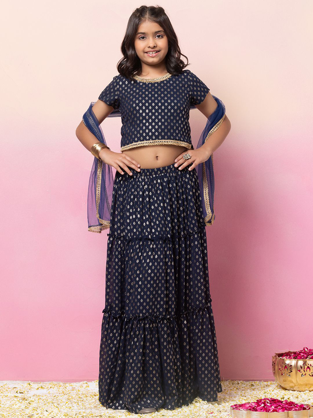 Girls Yellow White Printed Ready To Wear Lehenga Blouse With Dupatta