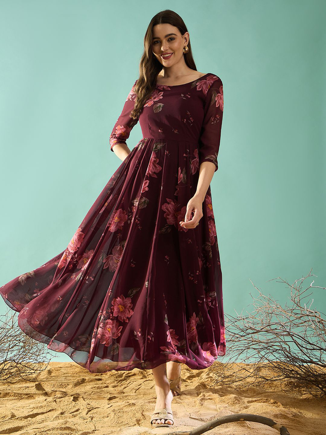 Red Georgette Printed Flared Dress