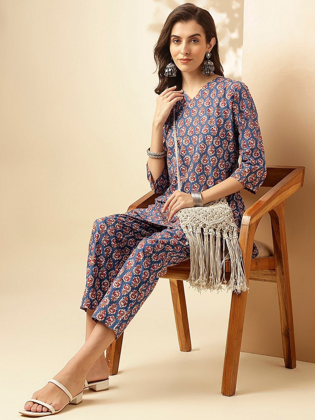 Women'S Navy Blue Solid Angrakha Tunic