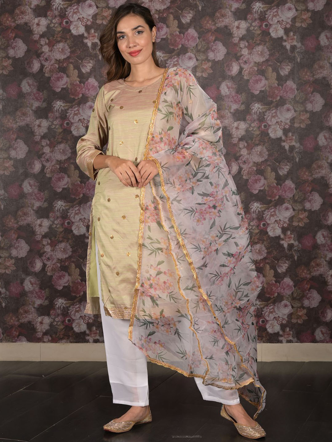 Women's Cream Geometric Straight Kurta Set with Dupatta