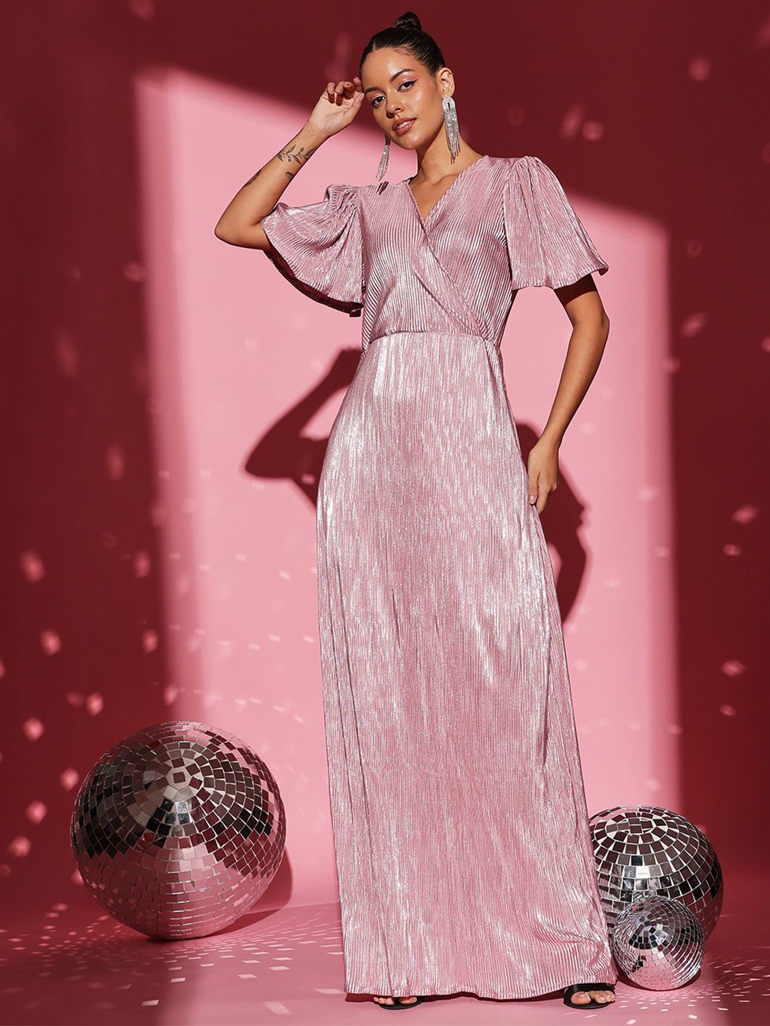 Buy BAESD Embellished V Neck Flared Sleeves Satin Maxi Dress - Dresses ...