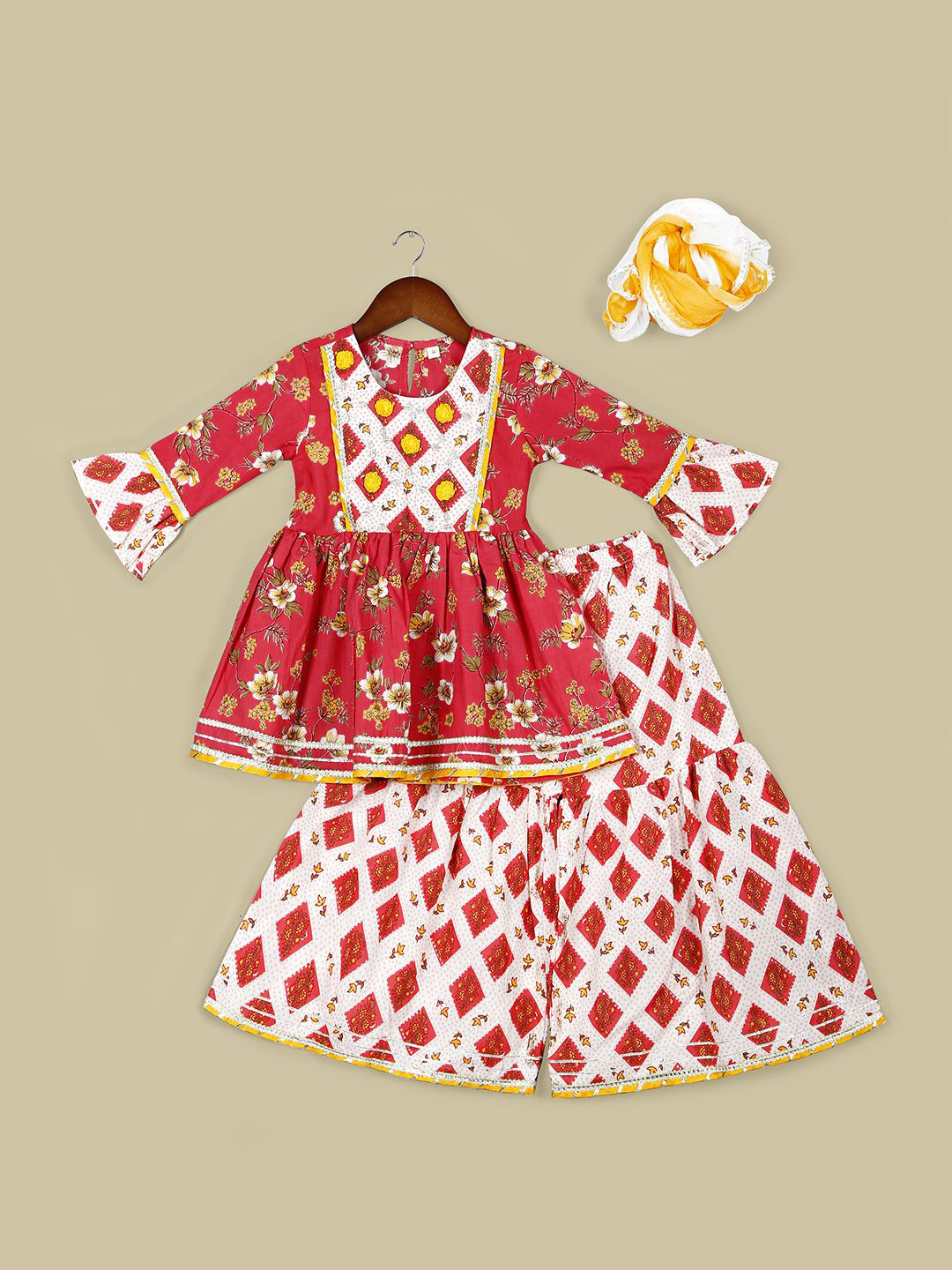 Girls Floral Printed Gotta Patti Detailed A-Line Kurta With Dhoti Pant main image 1