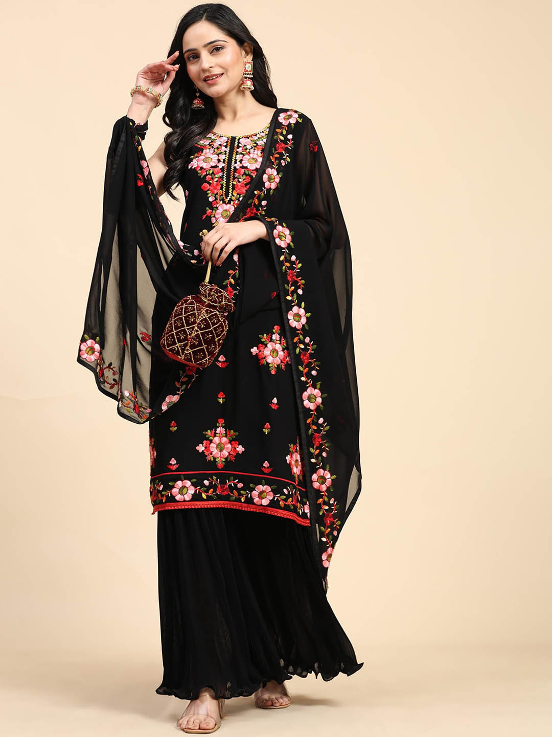 Women Embroidered Regular Sequinned Kurta with Sharara
