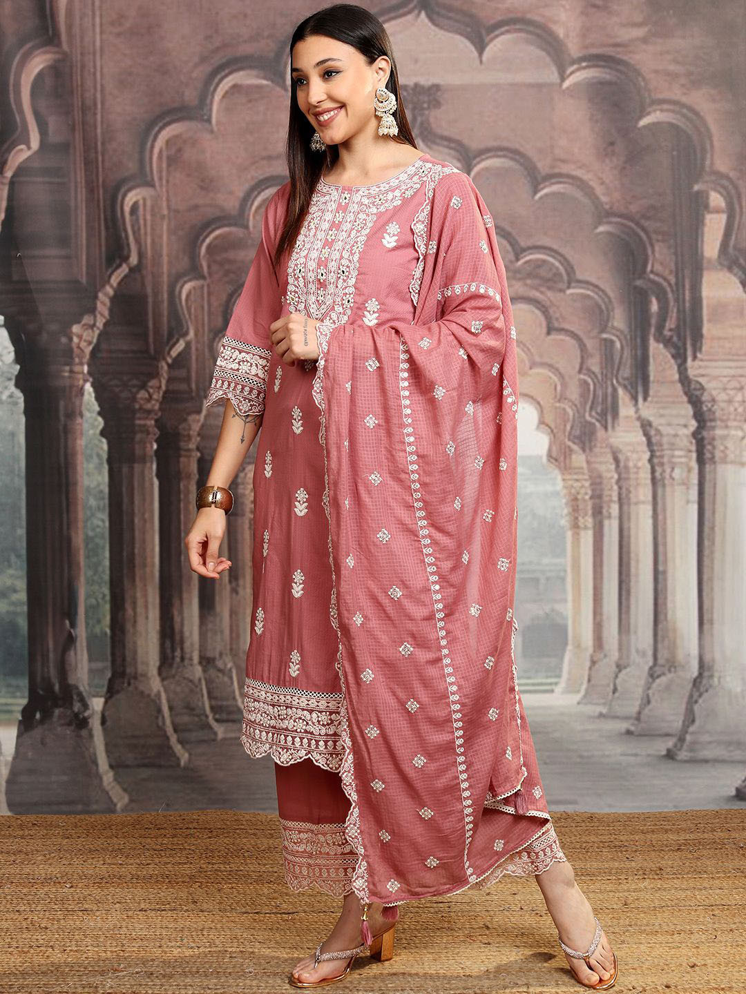 Vishudh Women Ethnic Motifs Embroidered Regular Kurta with Trousers & With Dupatta