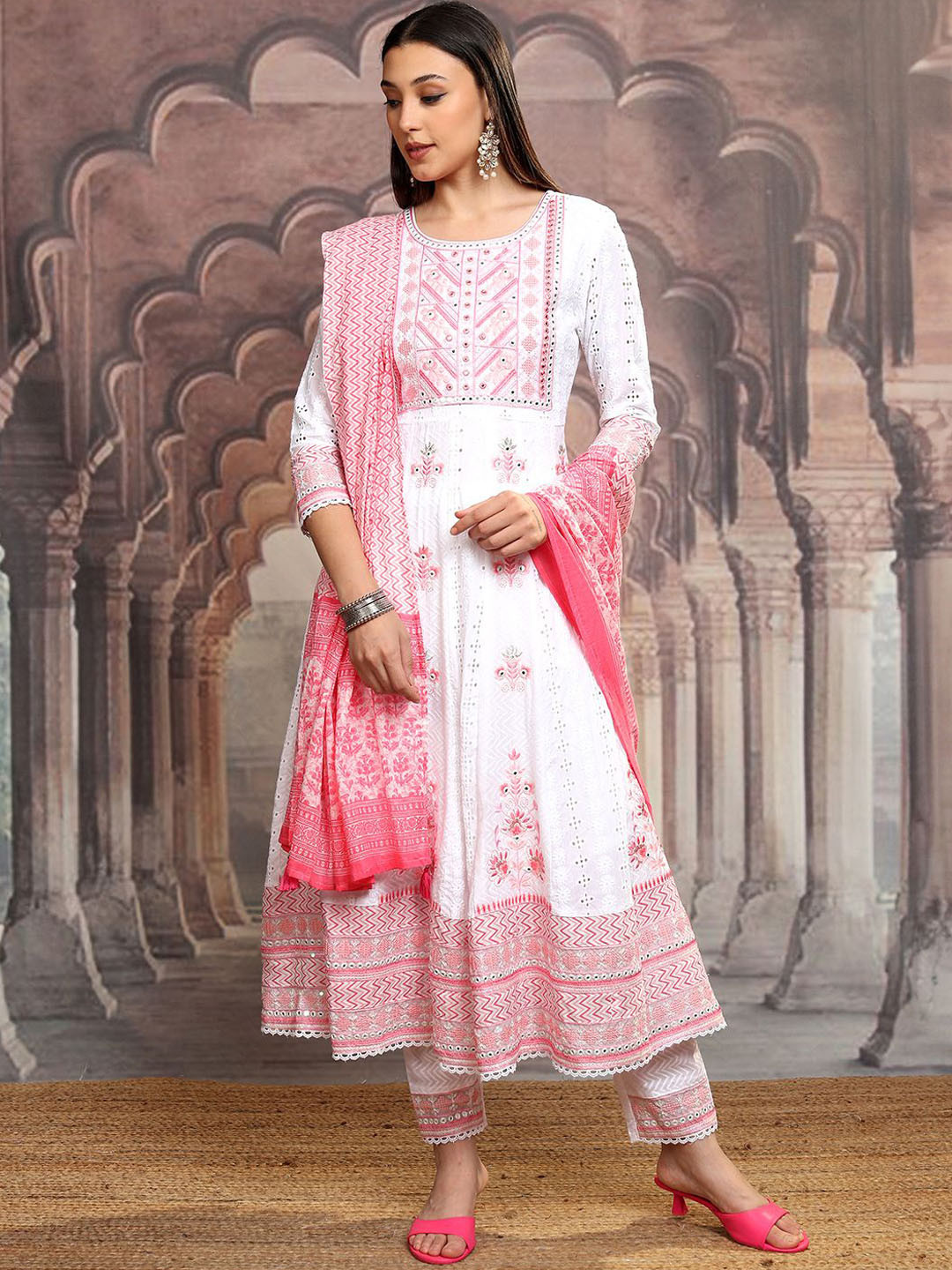 Vishudh Ethnic Motifs Embroidered Panelled Mirror Work Pure Cotton Kurta With Trousers main image 1