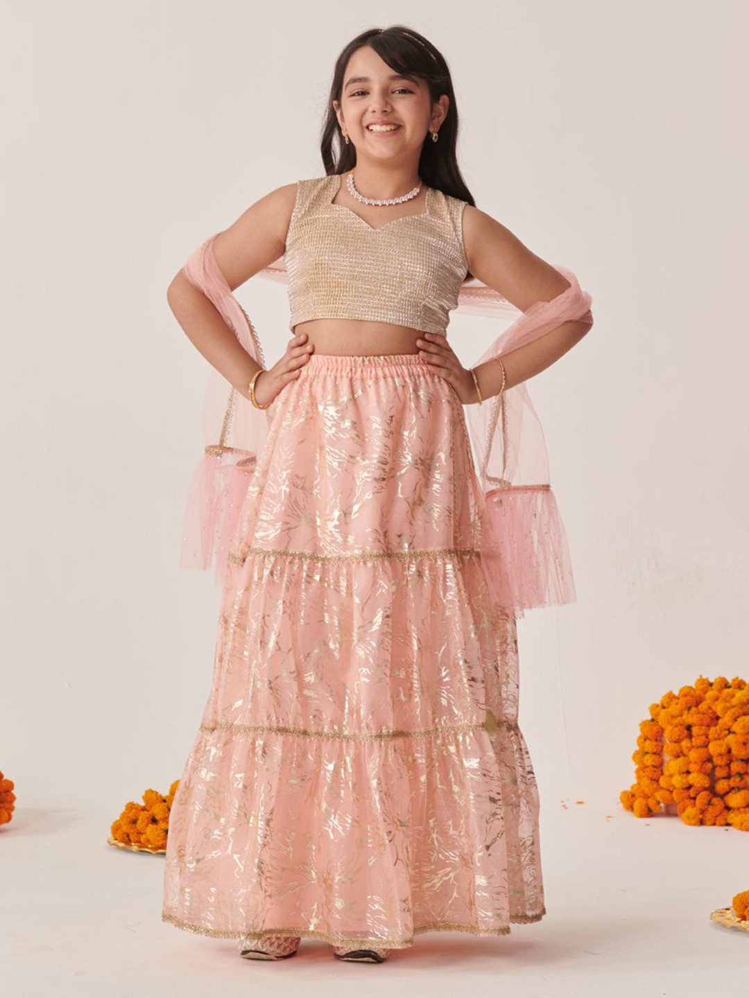 Girls Green Pink Printed Ready To Wear Lehenga Blouse With Dupatta main image 0