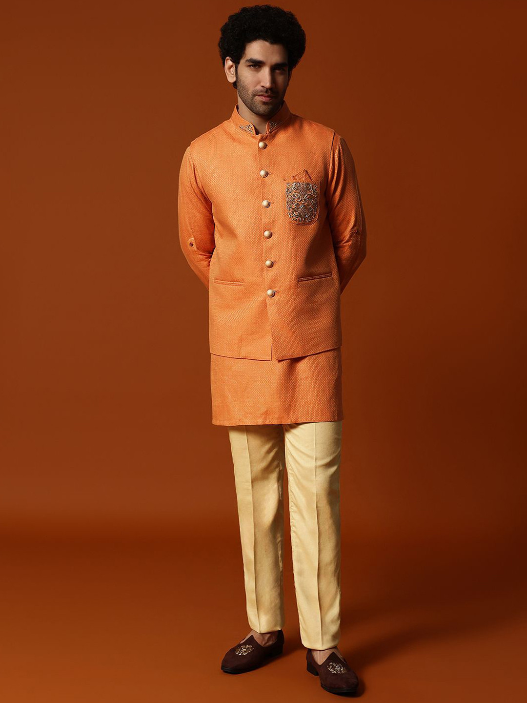 Brown Linen Kurta Jacket Set For Men With Kantha Embroidery main image 0
