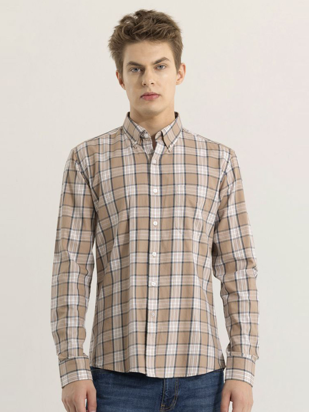 Men's Beige Standard Slim Fit Tartan Checks Opaque Checked Cotton Casual Shirt