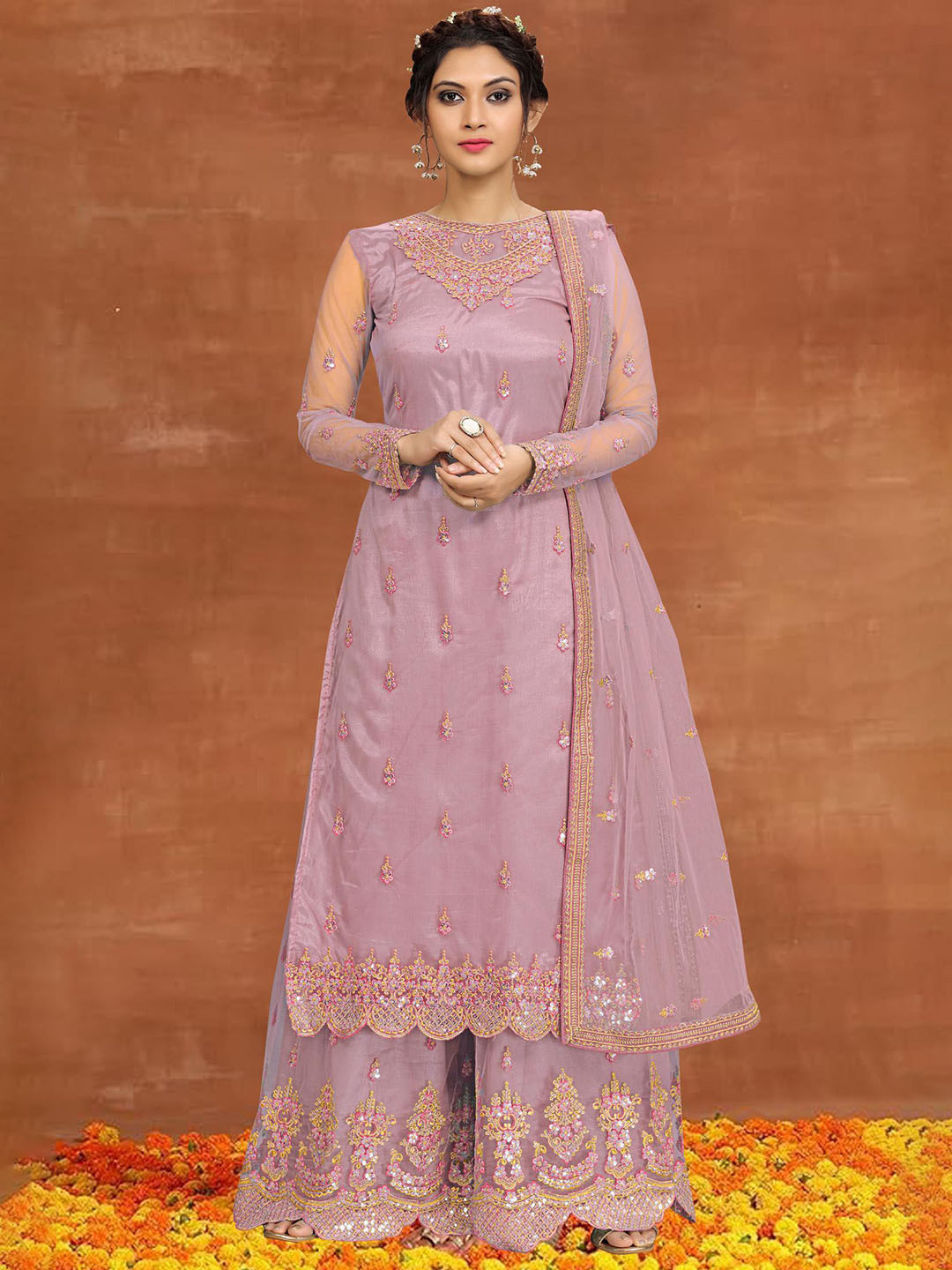 Women Floral embroidered brown round_neck Kurta set With trouser and dupatta main image 0