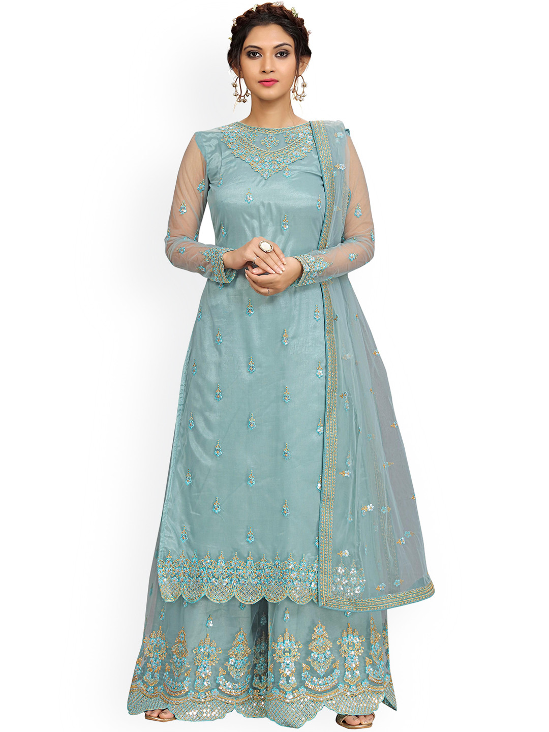 Women Black Floral Regular Kurta with Palazzos & With Dupatta