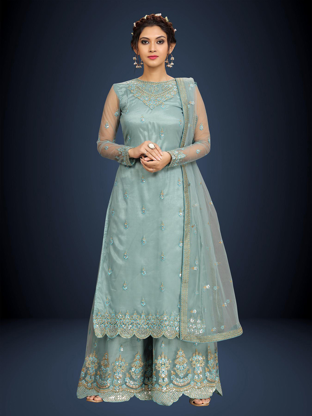 Floral Embroidered Kurta Palazzo Set with Sequin Net Dupatta