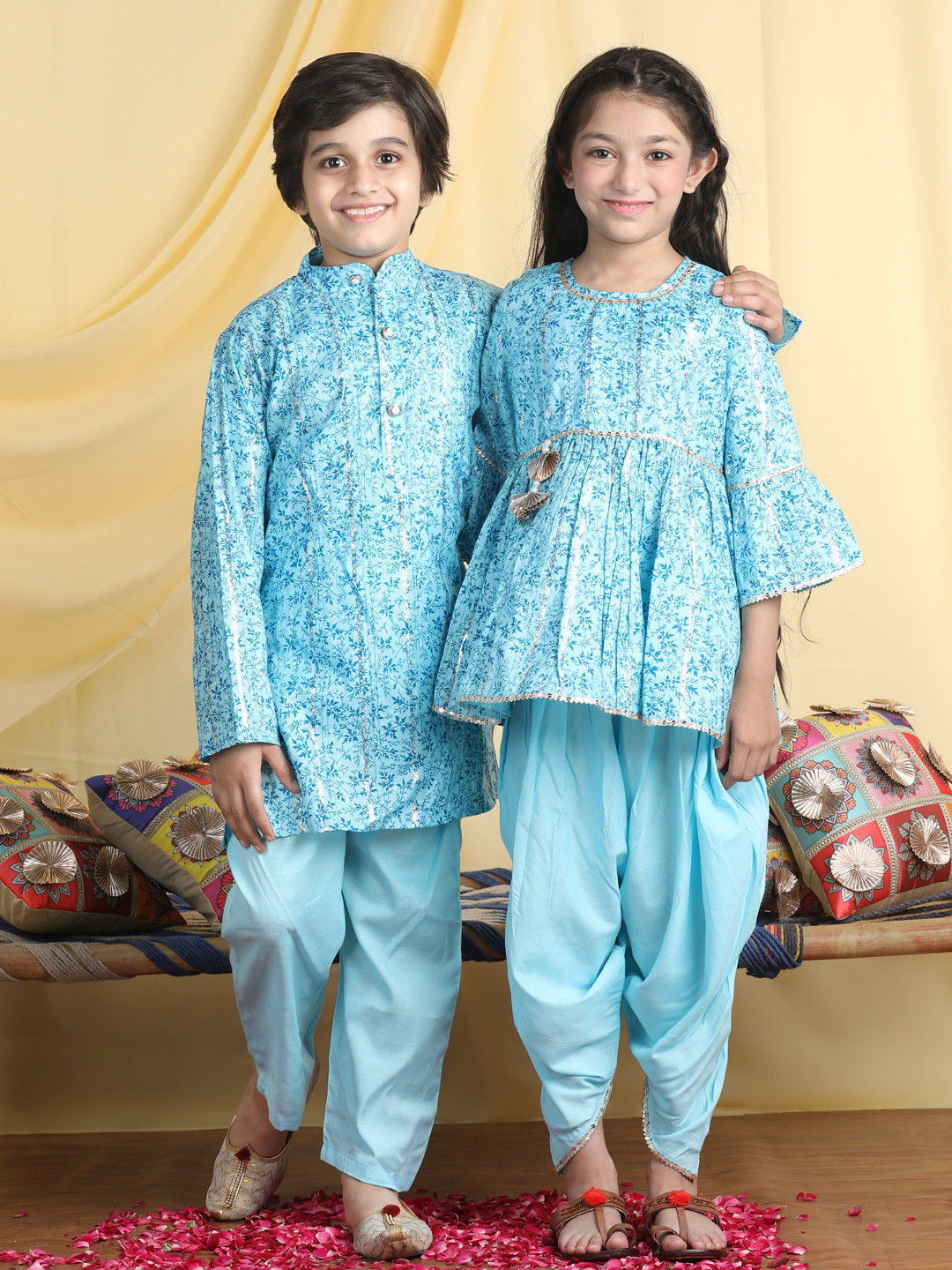 Girls White Ethnic Motifs Printed Pleated Gotta Patti Pure Cotton Kurti With Dhoti Pants