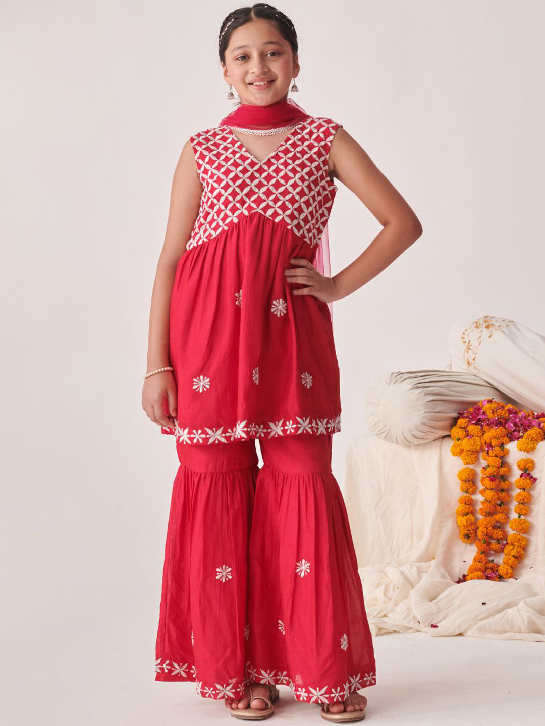 Girls Yellow Floral Printed Cotton Kurta With Sharara with  Dupatta
