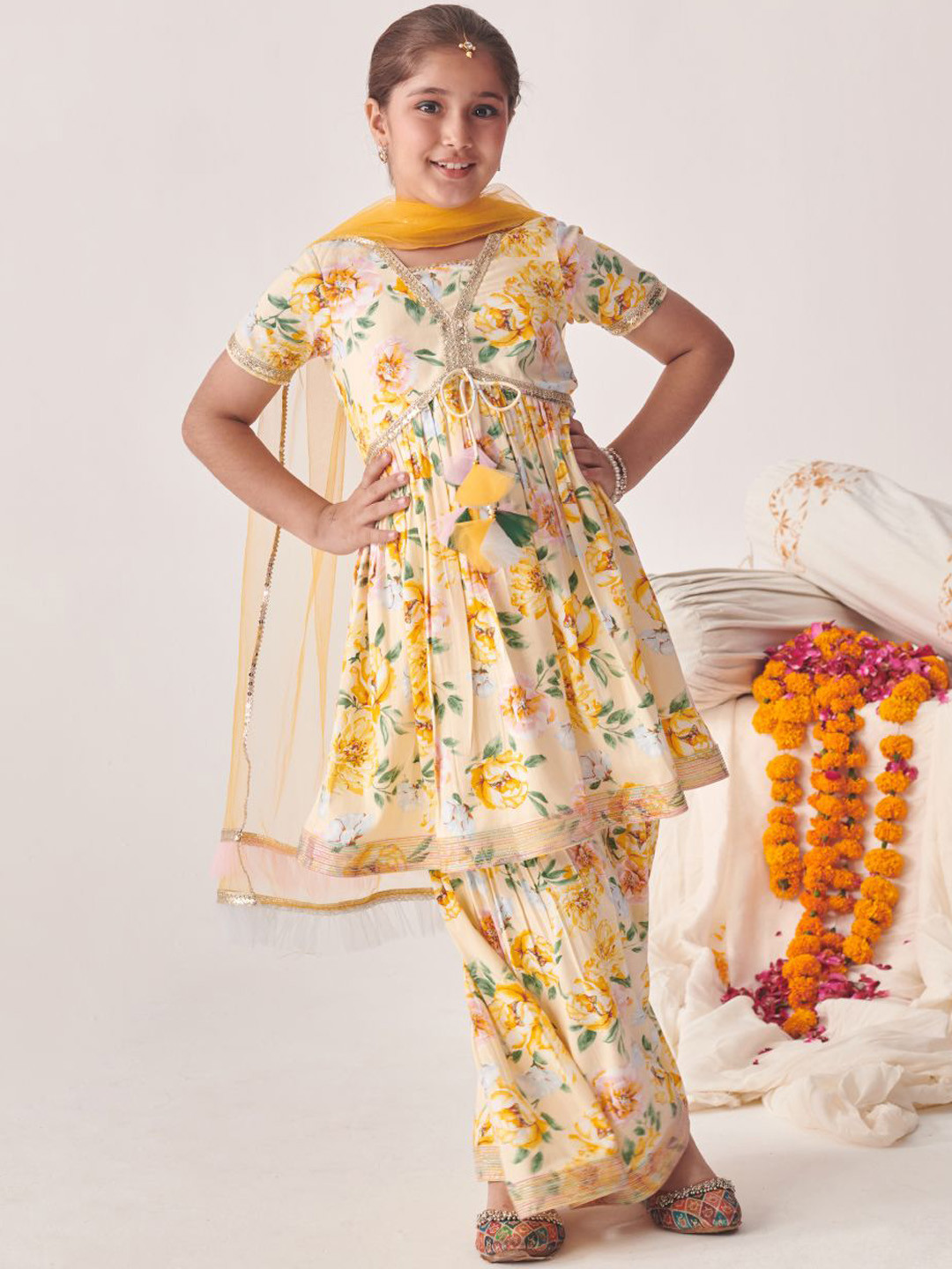 Nautinati Girls White Printed Empire Gotta Patti Pure Cotton Kurti With Sharara With Dupatta main image 1
