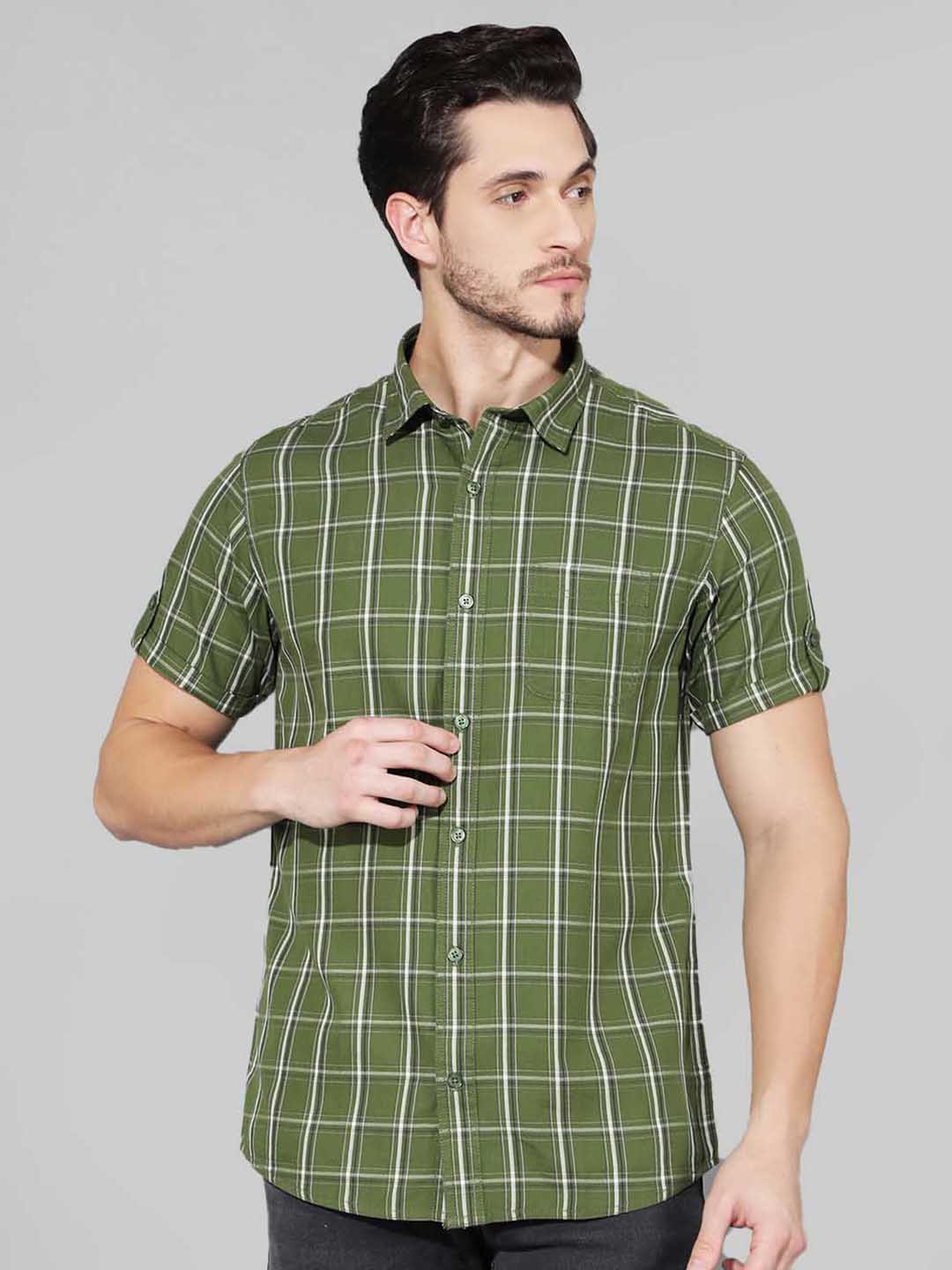 Men's Green Premium Slim Fit Windowpane Checked Cotton Casual Shirt