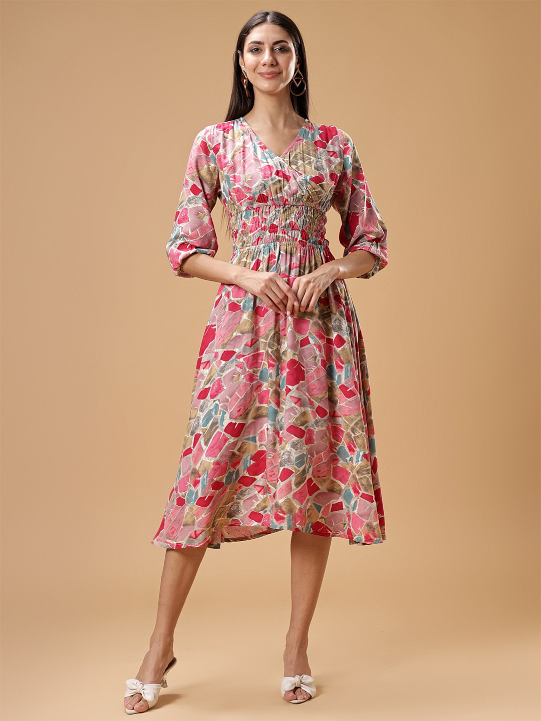 Bani Women's Printed Midi Dress - Festive & Party Dress With Mandarin Collar & Dupatta - View #5