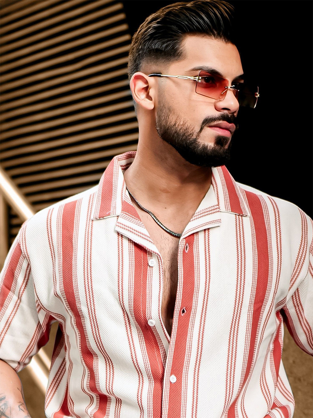 Men's Black Striped Cuban Collar Relaxed Fit Co-Ords Set