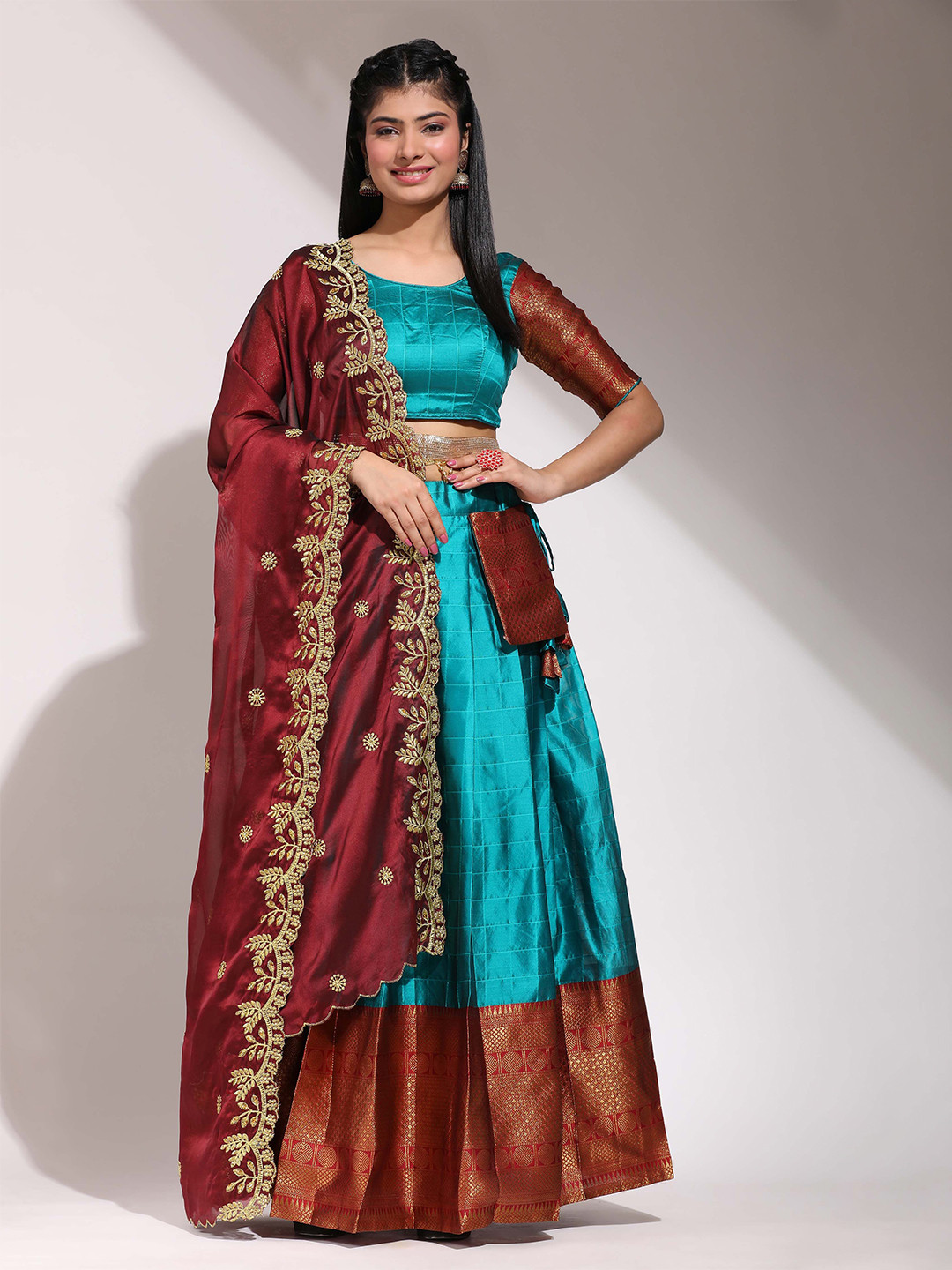 Inddus Mustard Embroidered Thread Work Semi-Stitched Lehenga & Unstitched Blouse With Dupatta Net