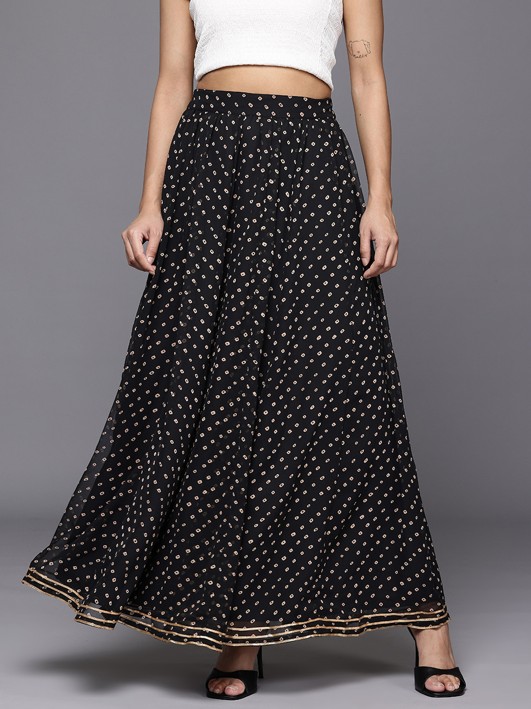 Rust & Brown Bandhani Print Flared Skirt