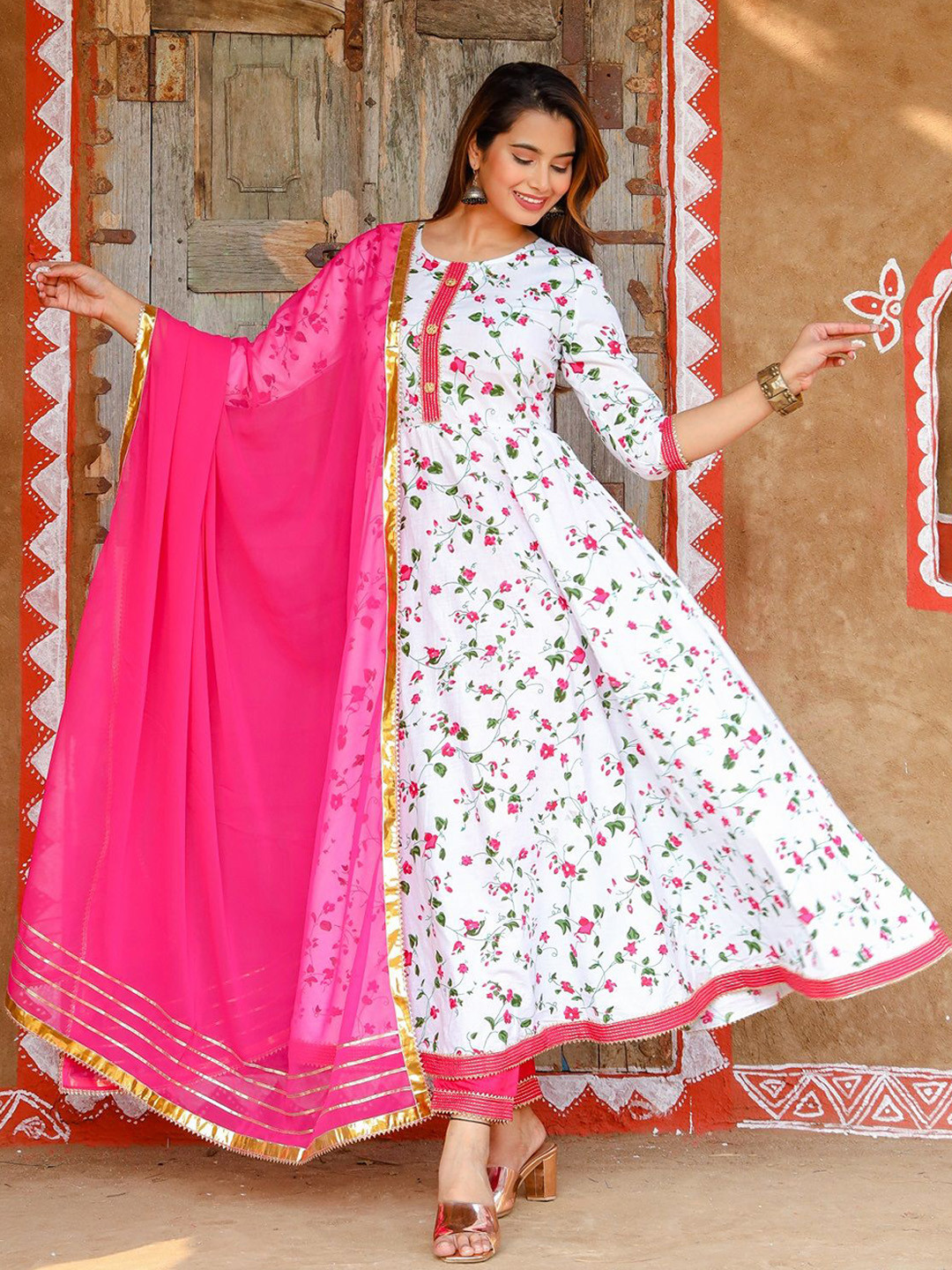 Women Floral embroidered multicolor round_neck Pure Cotton Kurta Set With Trouser & Dupatta