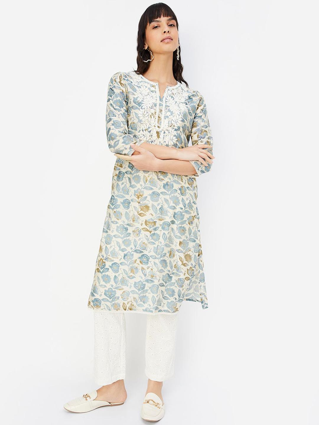Off-White & Blue Floral Printed Notch Neck Kurta with Trouser