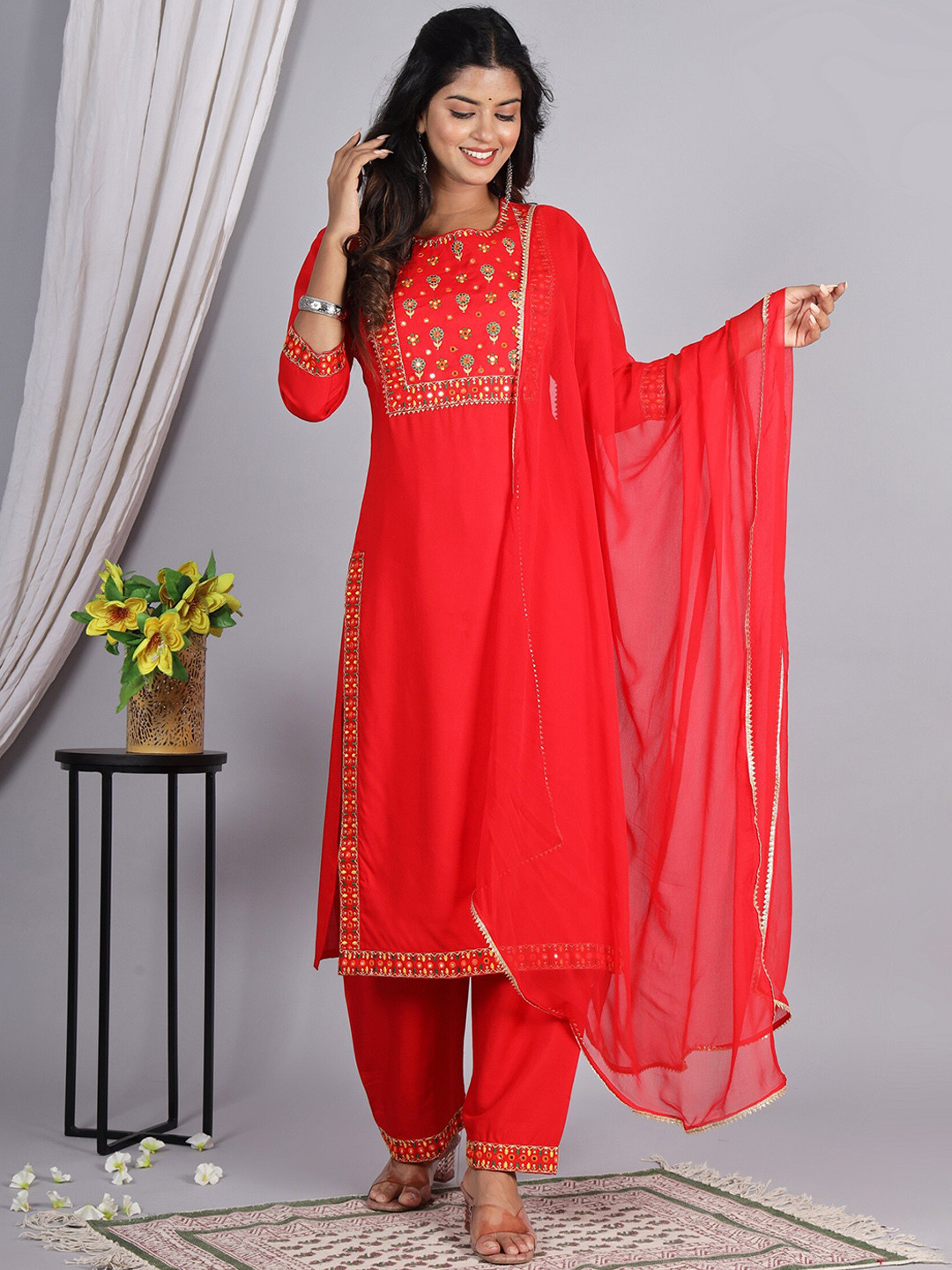 Floral Yoke Design Mirror Work Cotton Silk A-Line Kurta With Palazzos & Dupatta