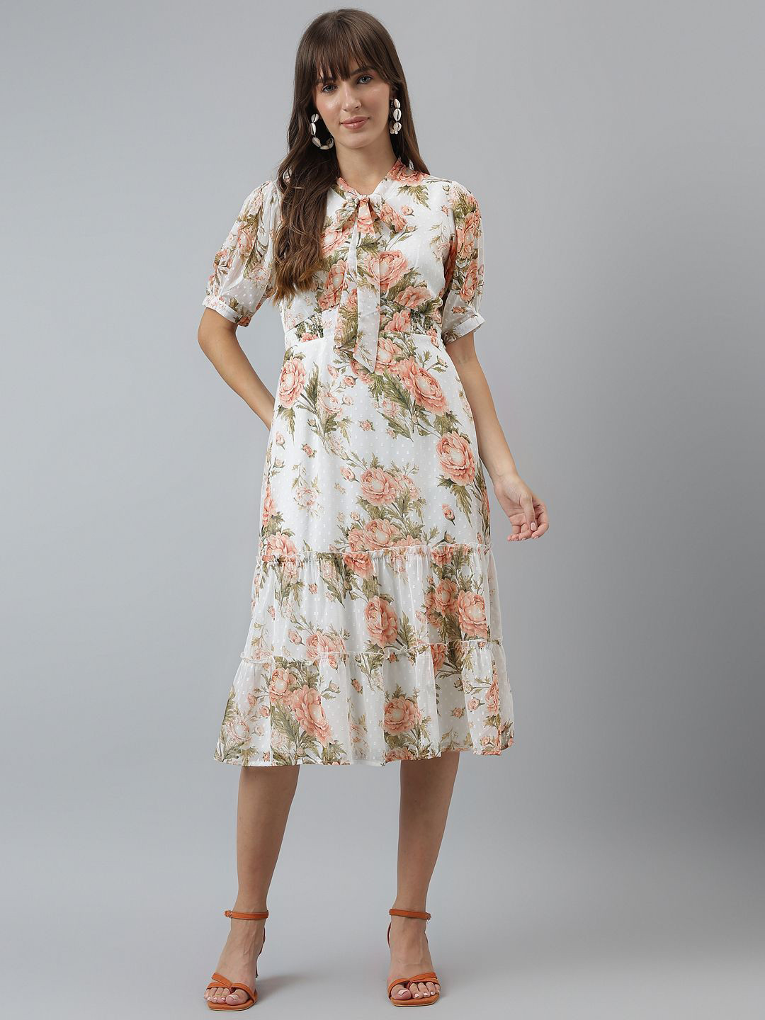 Girls Floral Printed Tie-Up Neck Cotton A-Line Midi Dress