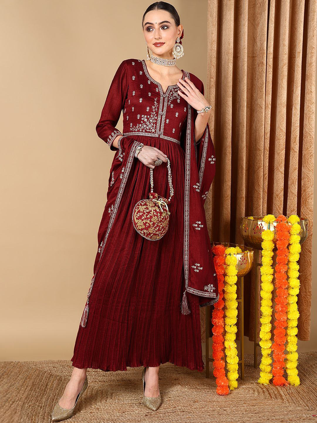 Ishin Women's White Embroidered Anarkali Kurta with Trouser & Dupatta main image 0