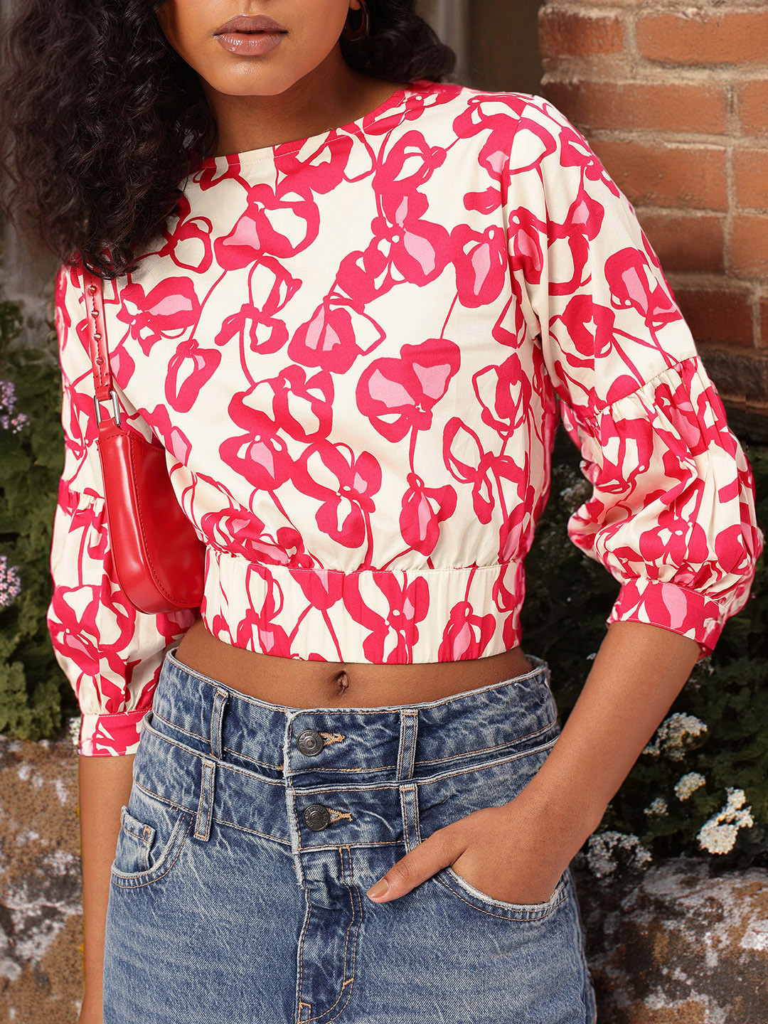 Women's Sea Green Floral Printed Smocked Cinched Waist Crop Top