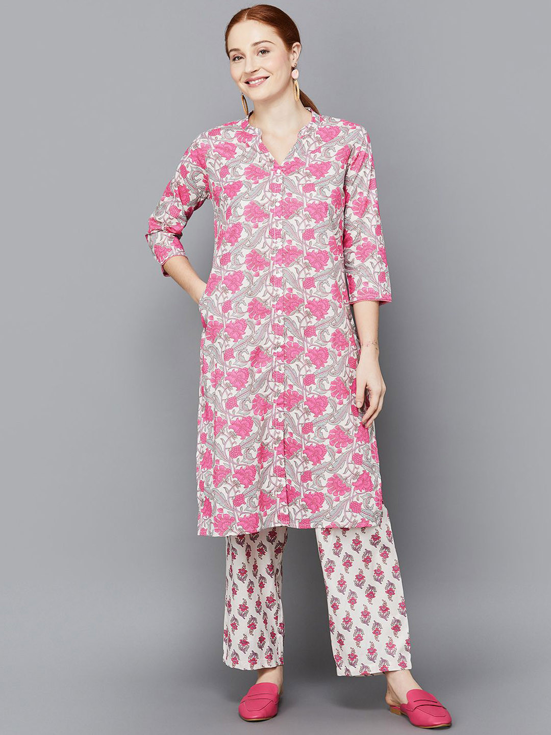 Women's Straight Magenta Printed Kurta Sets With Trousers