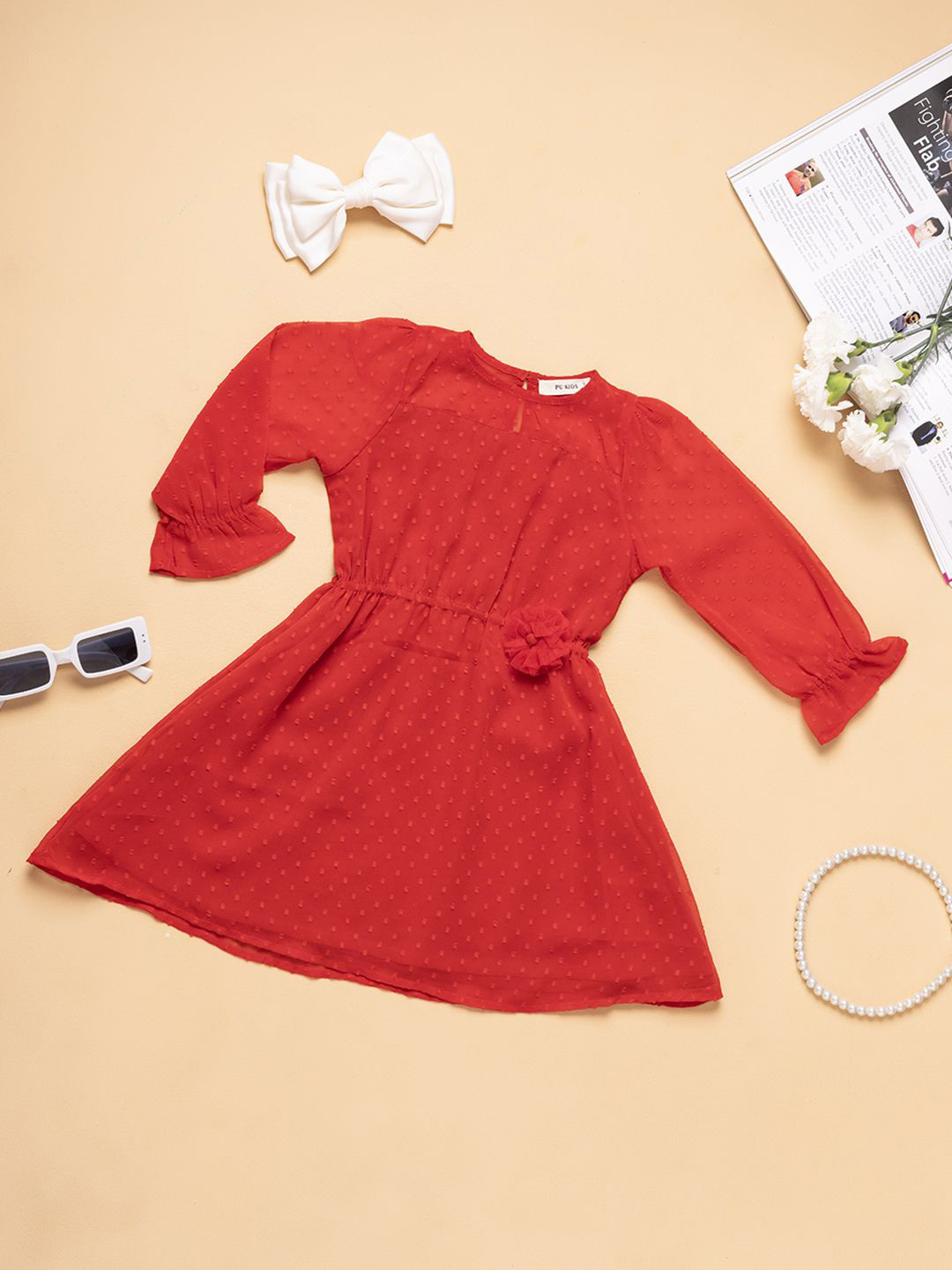 Girls Purple Striped Flutter Sleeves Fit And Flared Dress