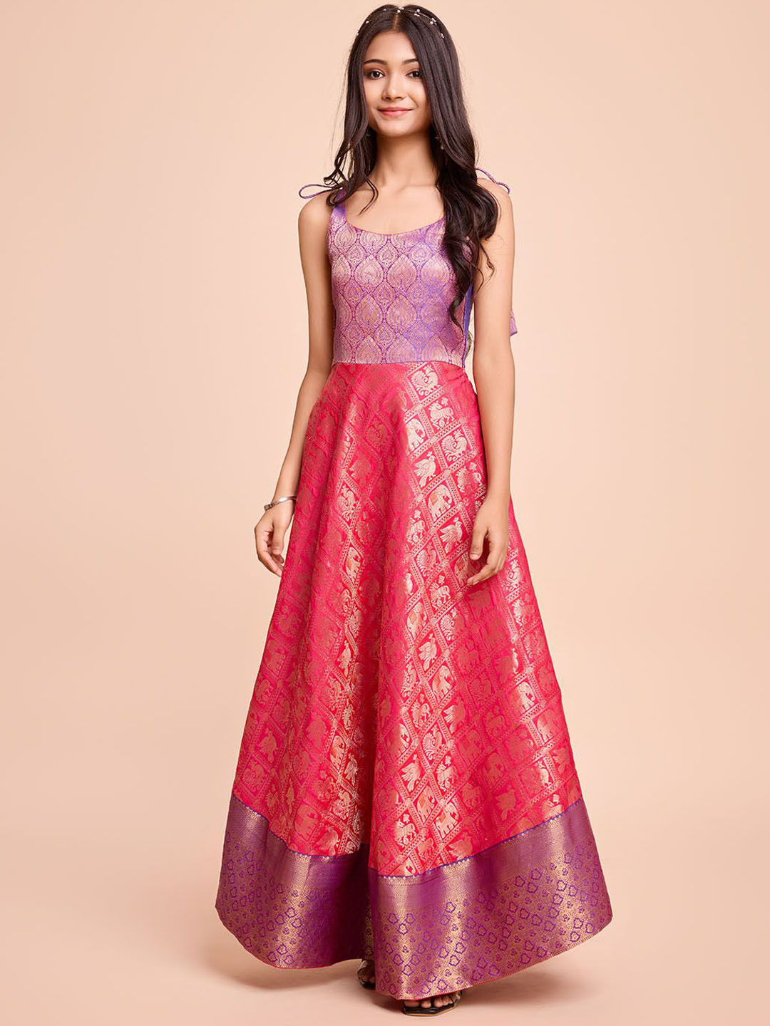 Girls Bead Embellished Zari Border Ethnic Dress