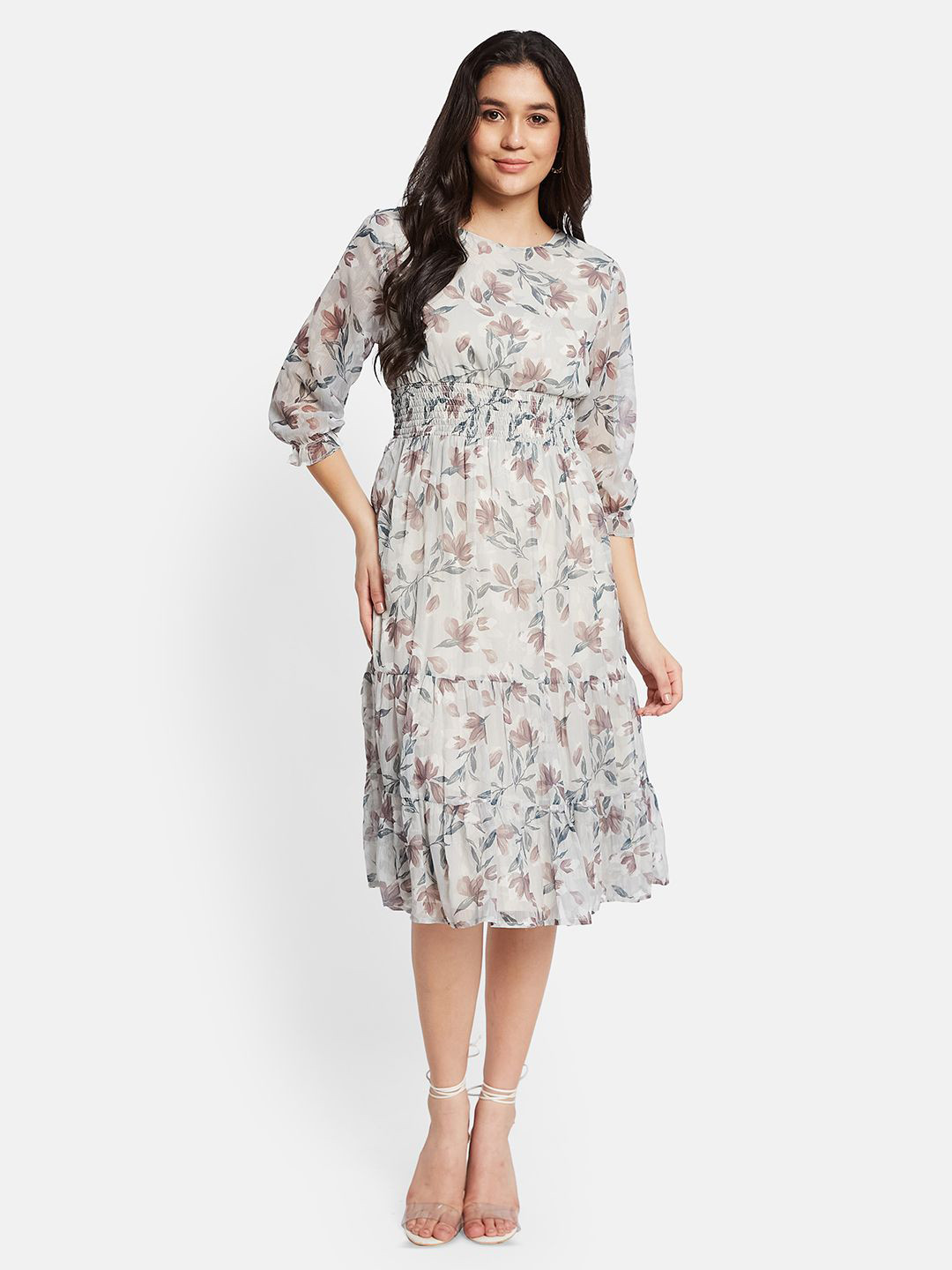 Women's Mauve Floral Printed Fit and Flare Midi Dress main image 1