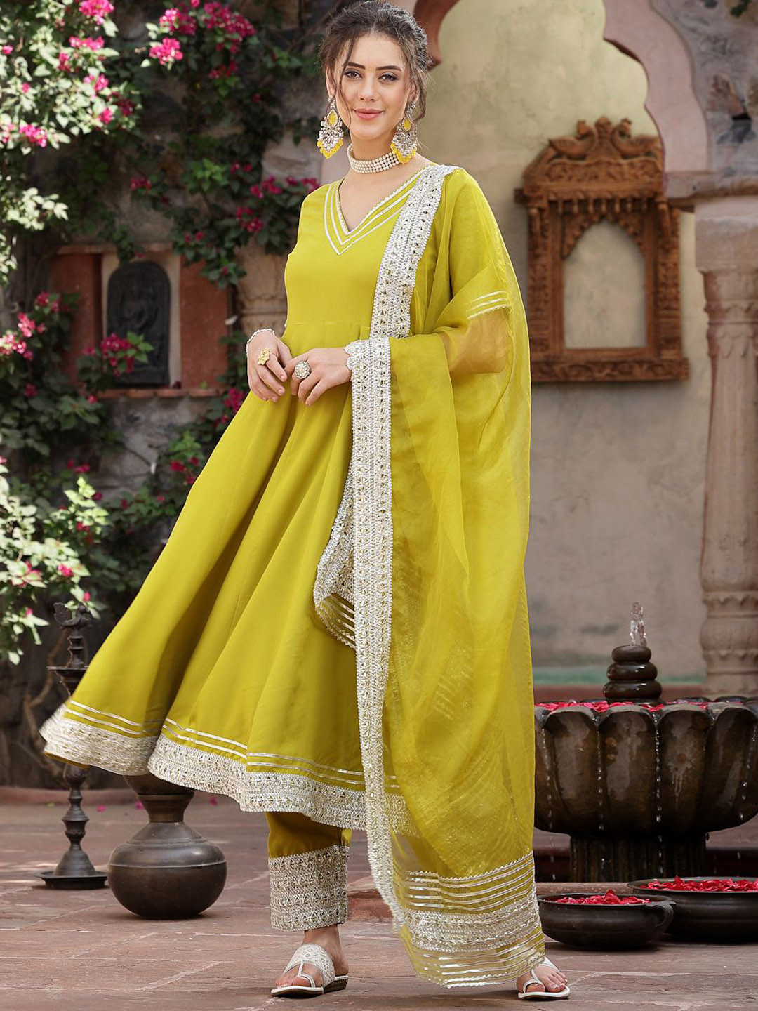 Yellow Rayon Embroidered Anarkali Kurta With Organza Dupatta Set