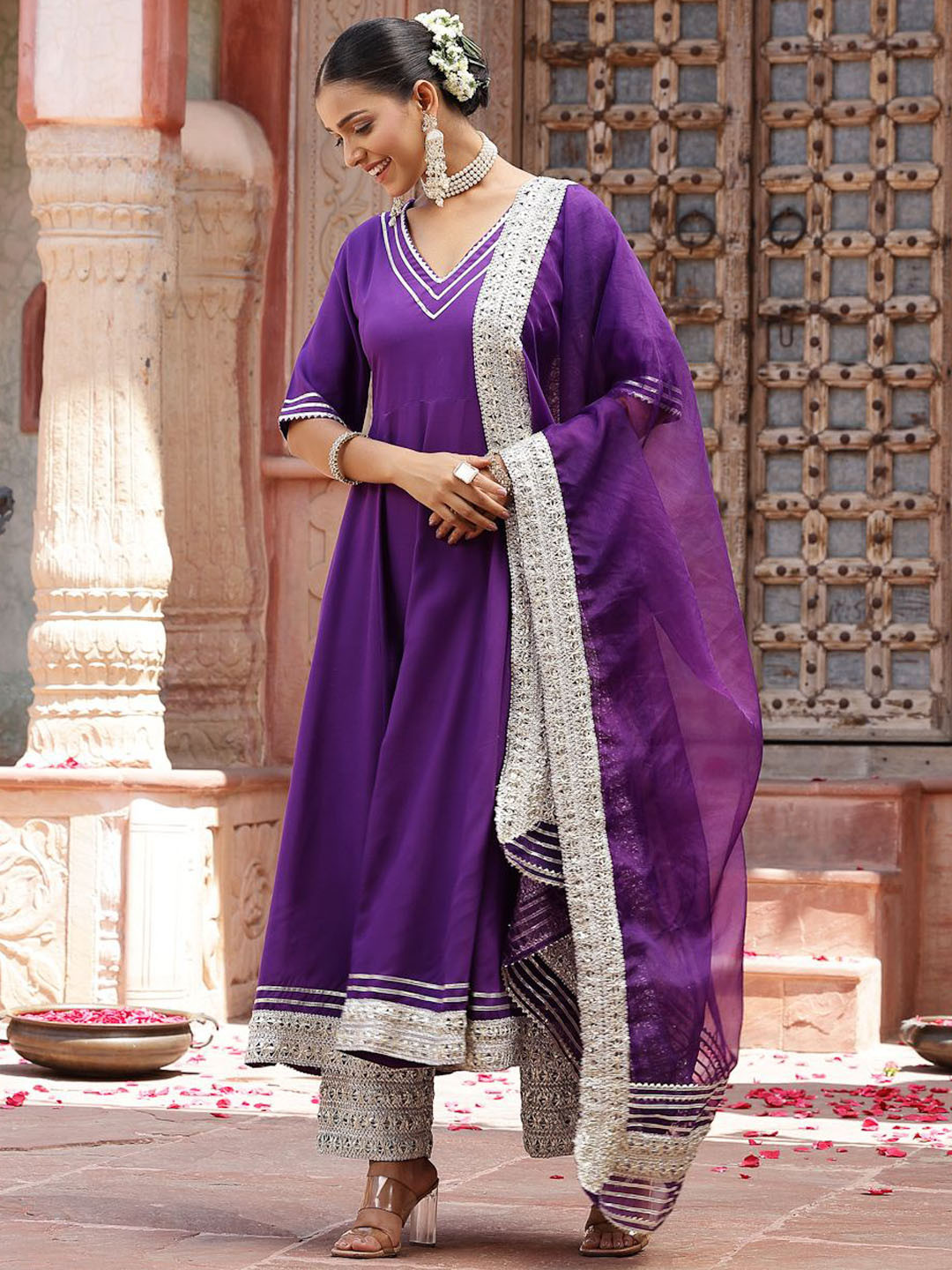 Ethnic Motifs Embroidered Empire Anarkali Kurta With Trousers & Dupatta