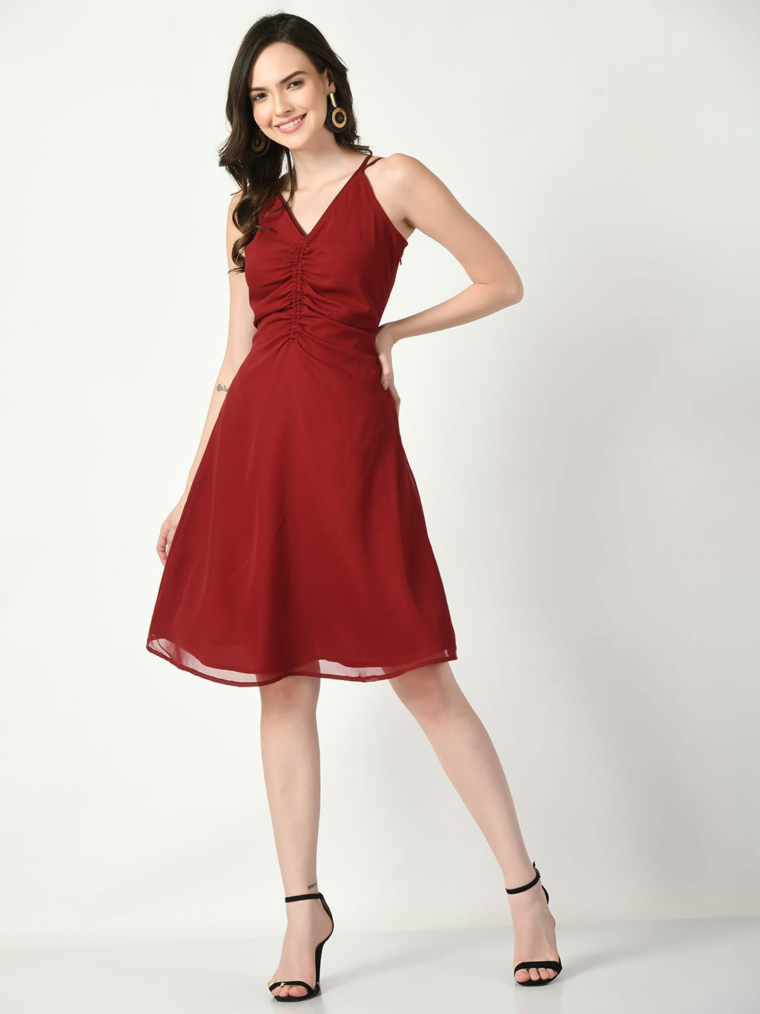 Women's Grey Polka Dots Crepe Fit & Flare Dress