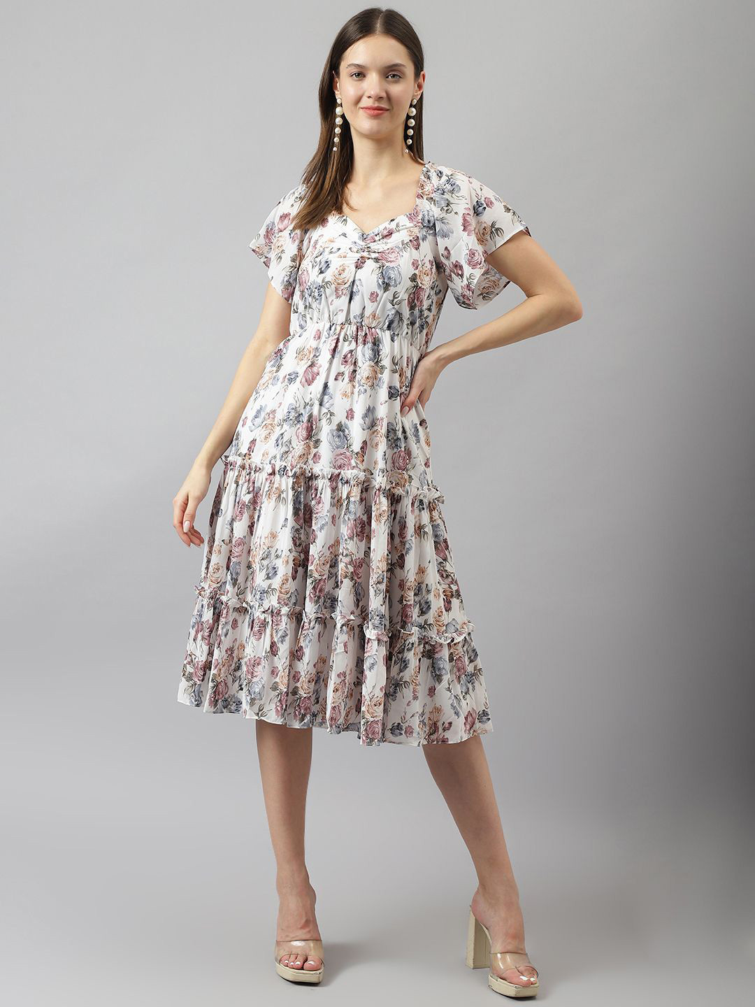 Floral Flutter Sleeve Midi Curve Dress Air Force Blue
