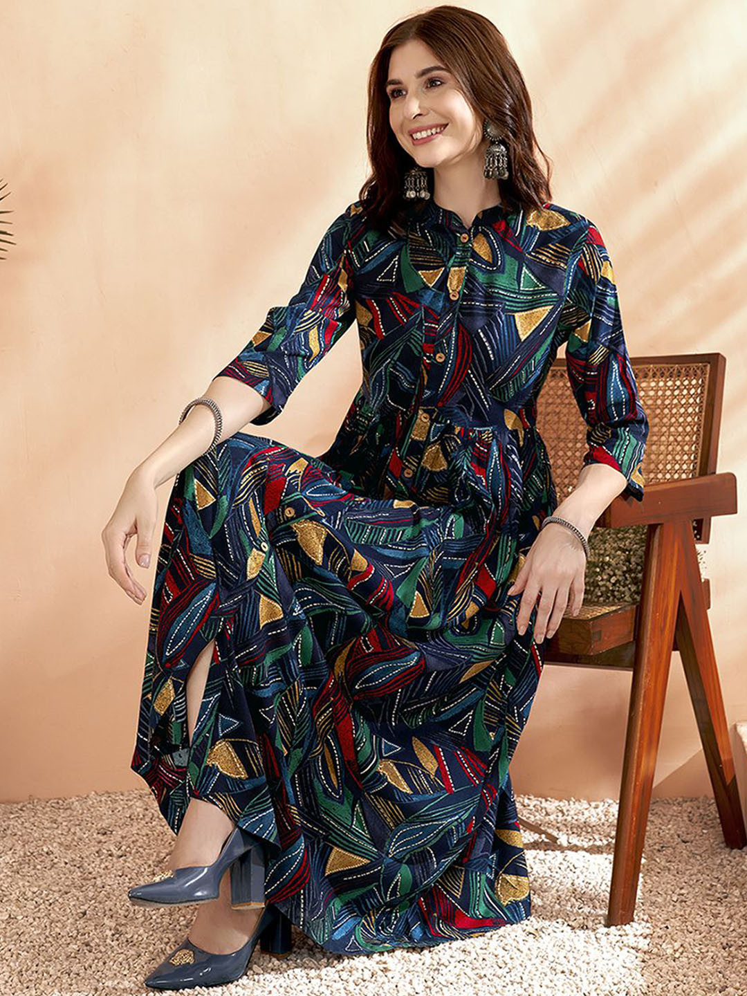 Women Navy Blue Ethnic Printed A-Line Dress
