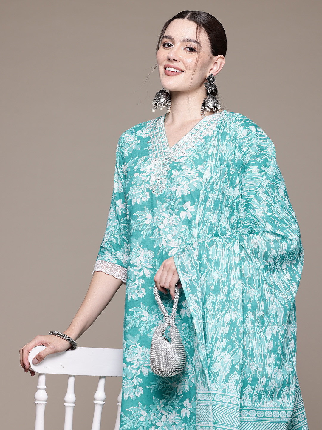 Women Grey Printed Regular Pure Cotton Kurta With Palazzos