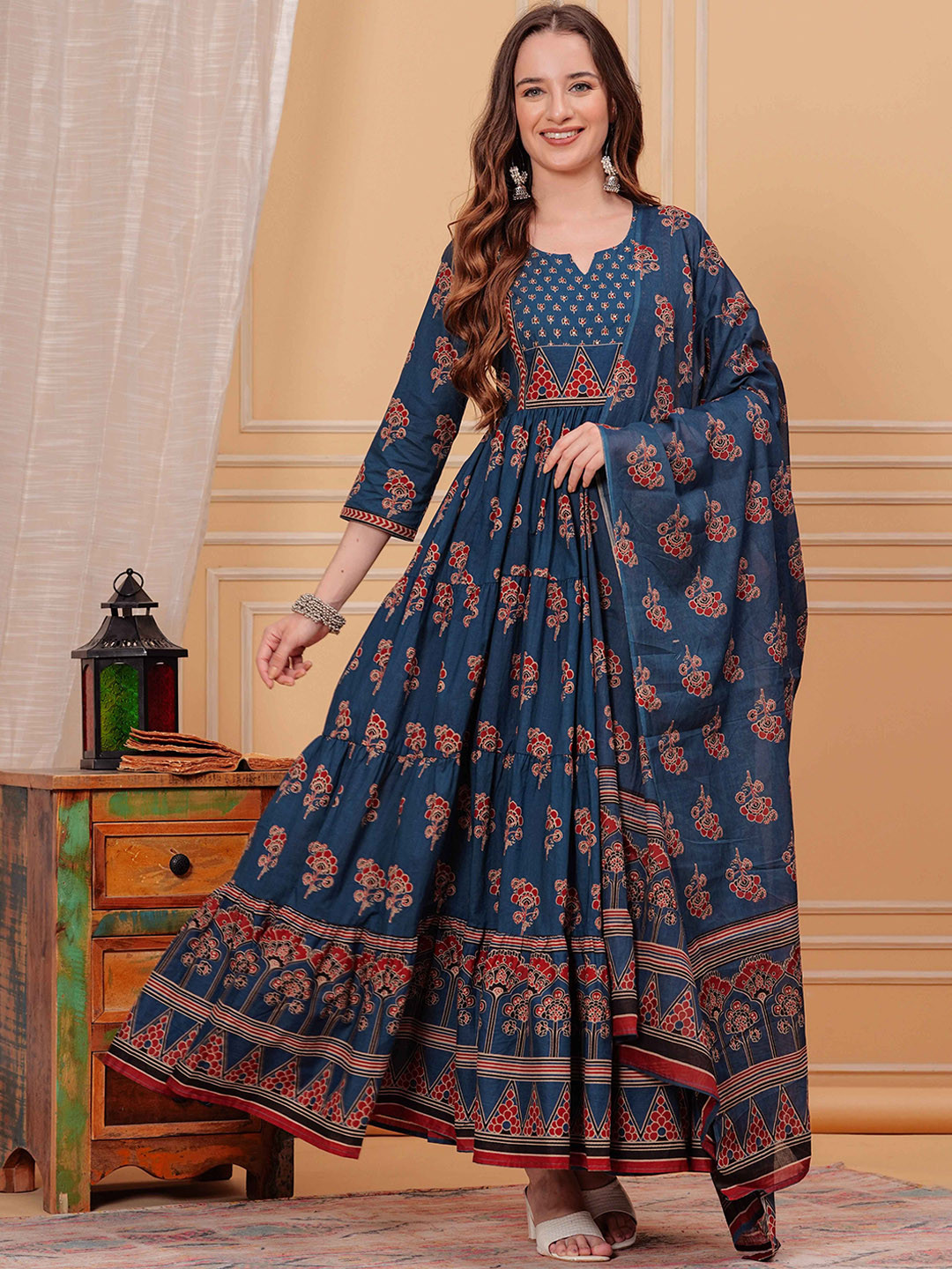 Coffee Printed 3/4 Sleeve Cotton Floor Length Anarkali Kurta
