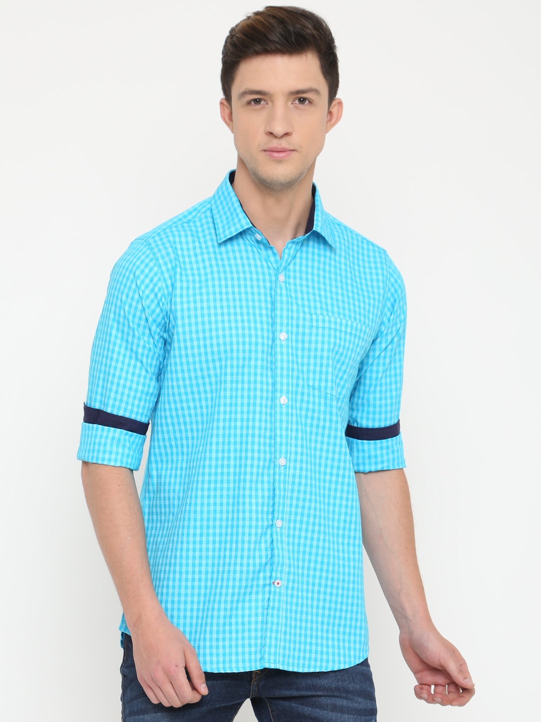 Buy Cross Court Men Turquoise Blue Slim Fit Checked Casual Shirt ...