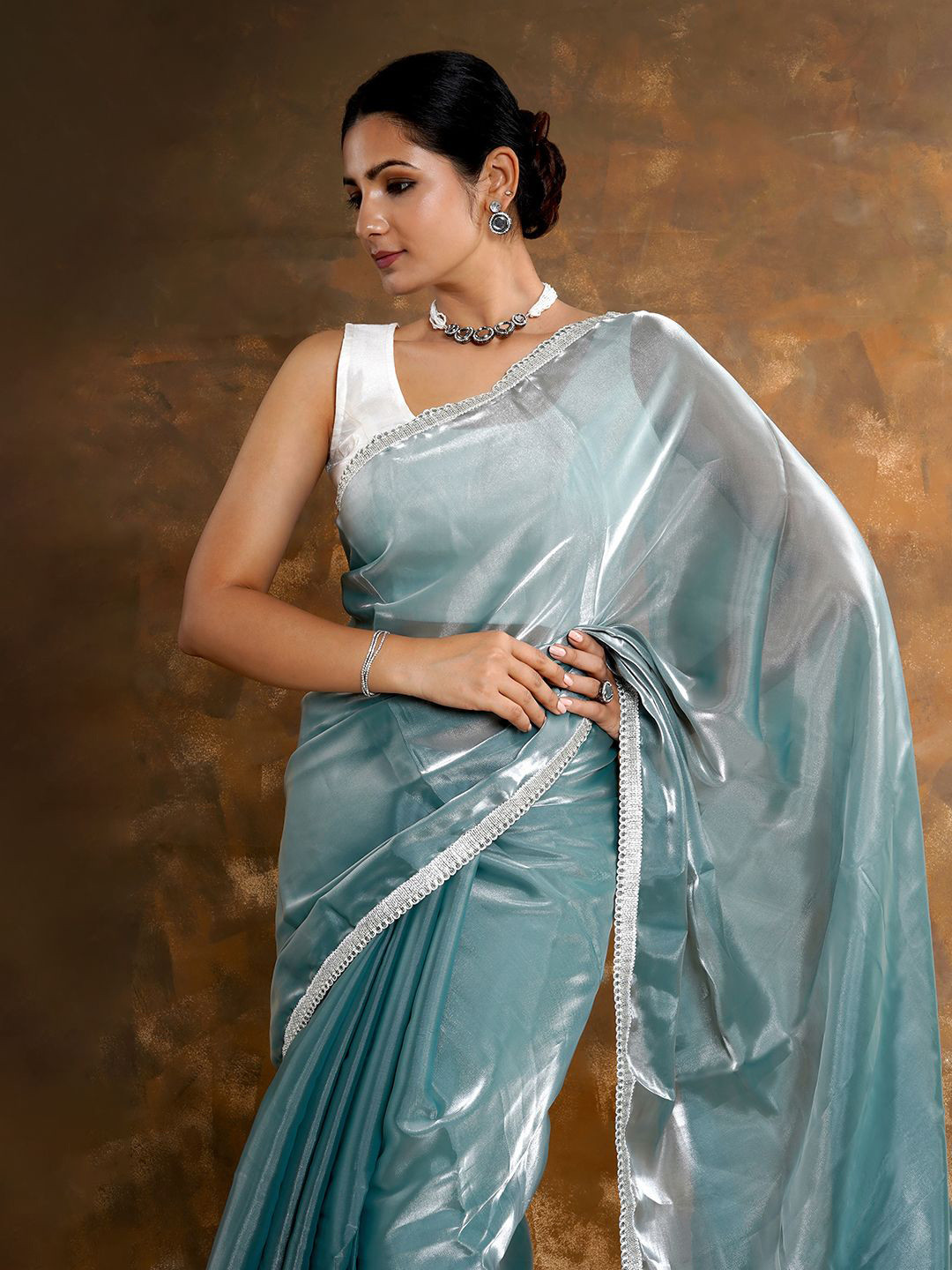 Brown Embellished Tissue Saree With Unstitched Blouse Piece