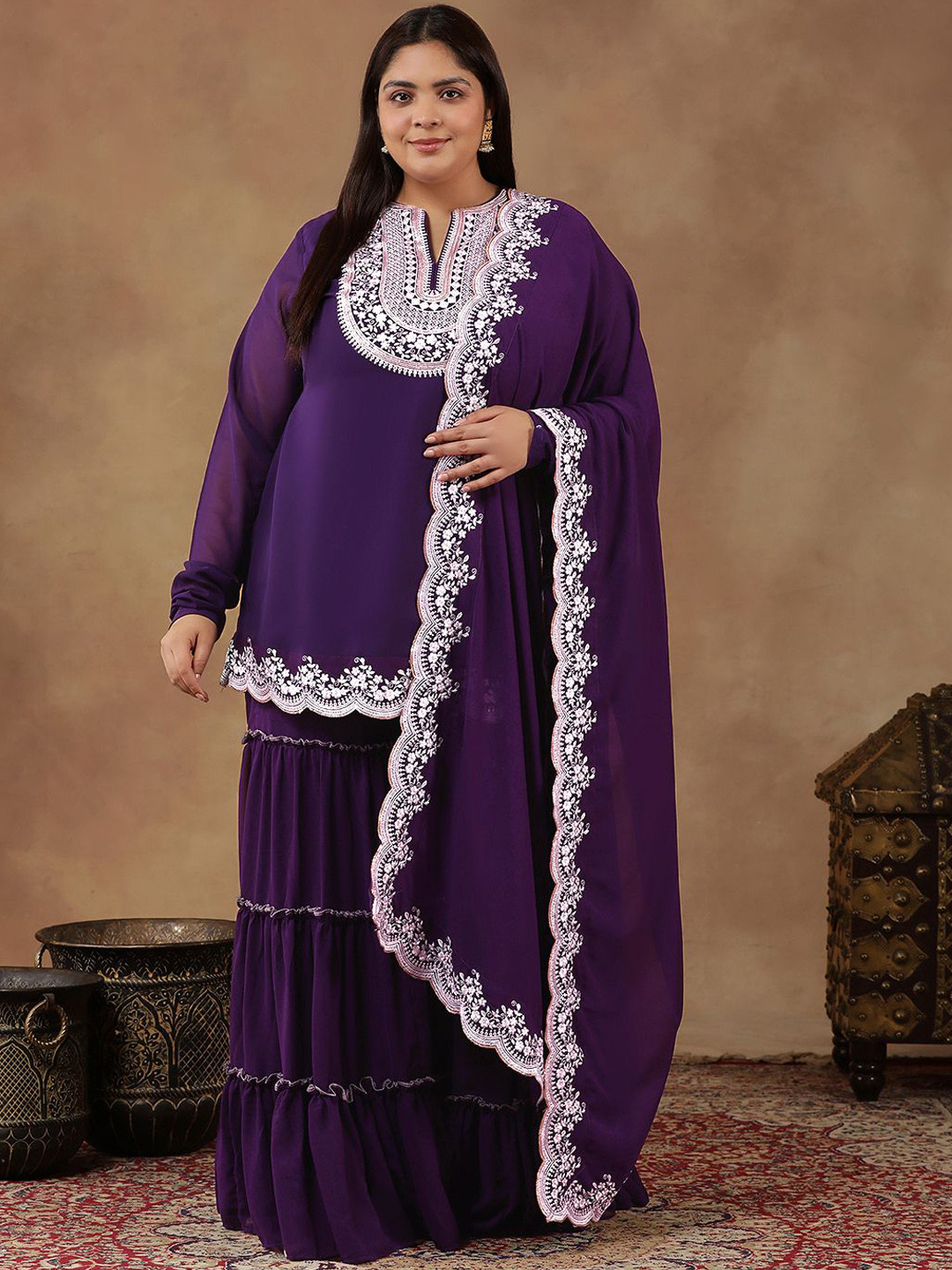 Plus Size Floral Embroidered Thread Work Straight Kurta With Sharara & Dupatta main image 0