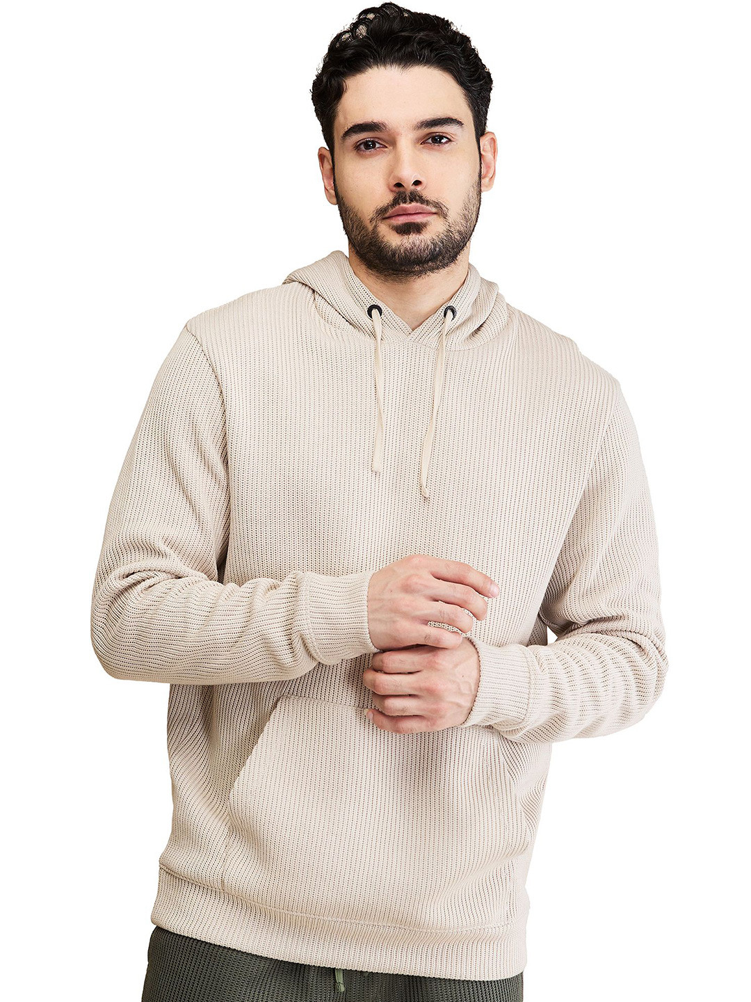 Beige Regular Fit  Long Sleeves Cotton Men's Hoodie by Being Human Clothing