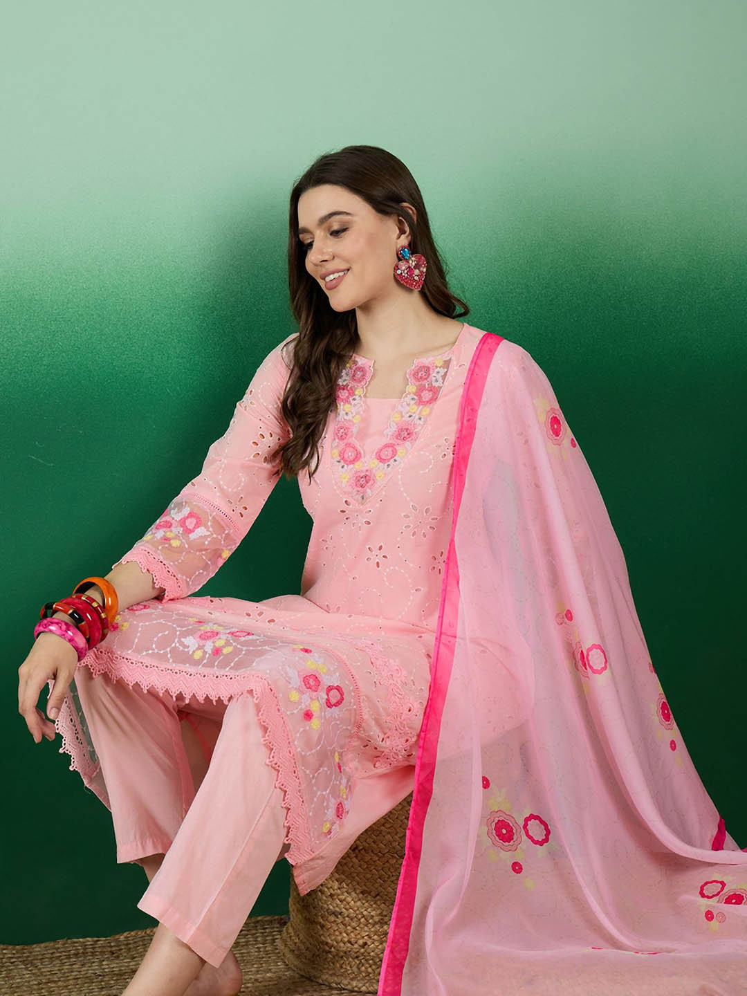 Pink Embroidered Pure Cotton Straight Kurta Sets With Dupatta